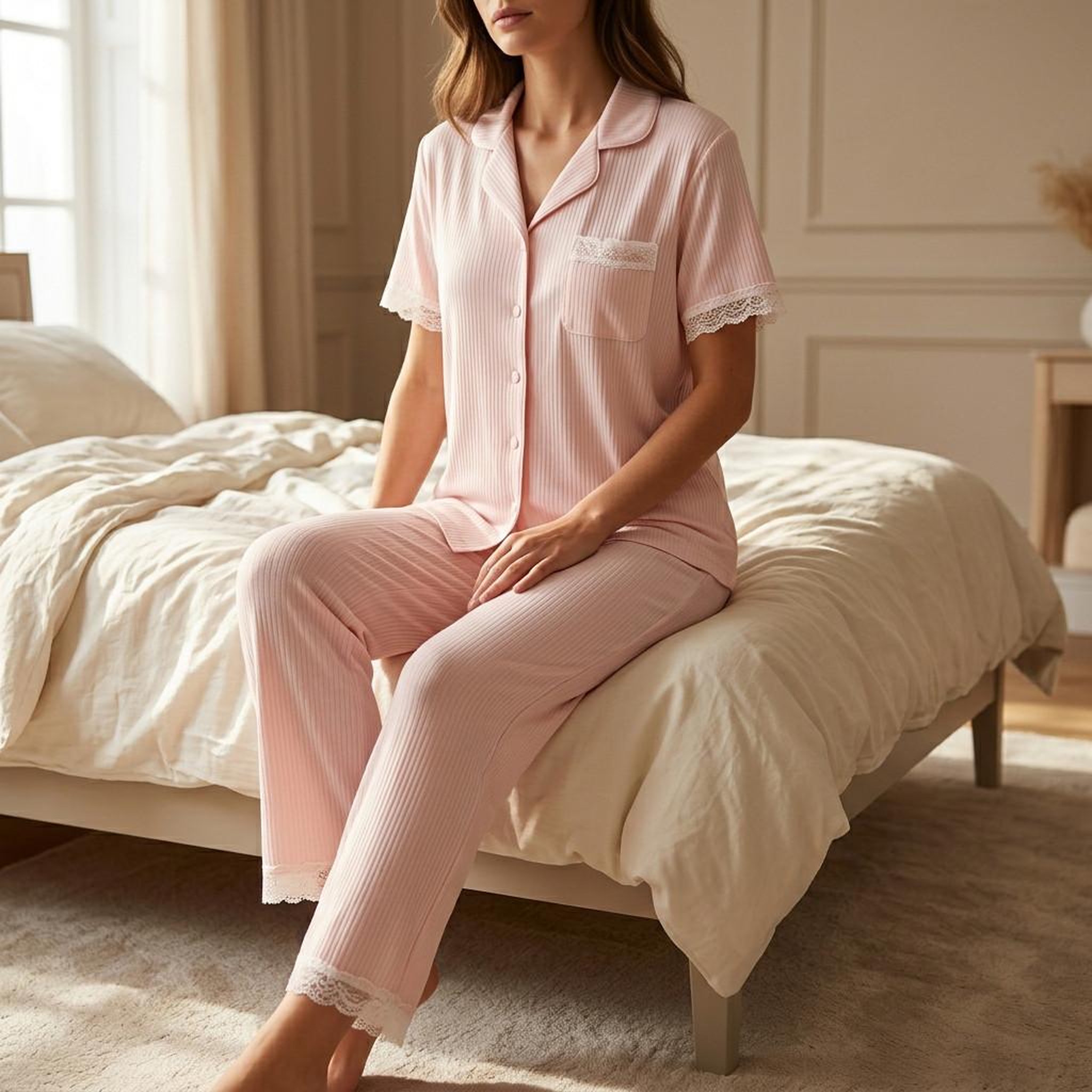 Voir la diapositive 2 : OZABI OZABI Pyjama Femme Long Boutonné Dentelle Tissu Ultra Léger