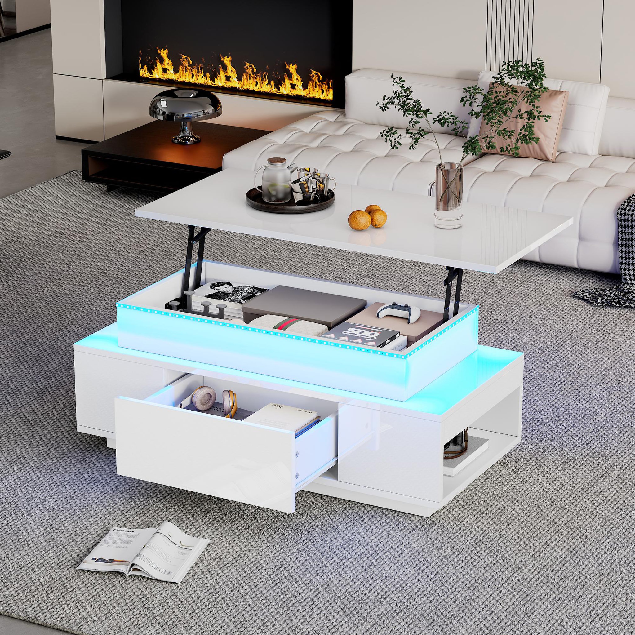 Voir la diapositive 2 : MERAX Table basse relevable rectangulaire blanc - 45x96 cm led panneau de particules