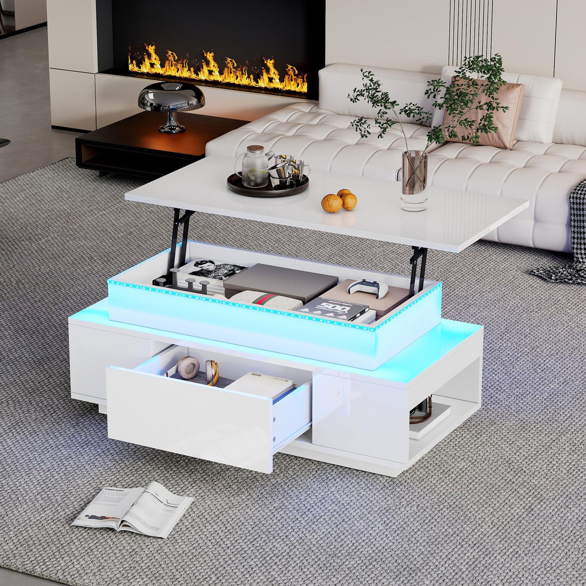 MERAX Table basse relevable rectangulaire blanc - 45x96 cm led panneau de particules