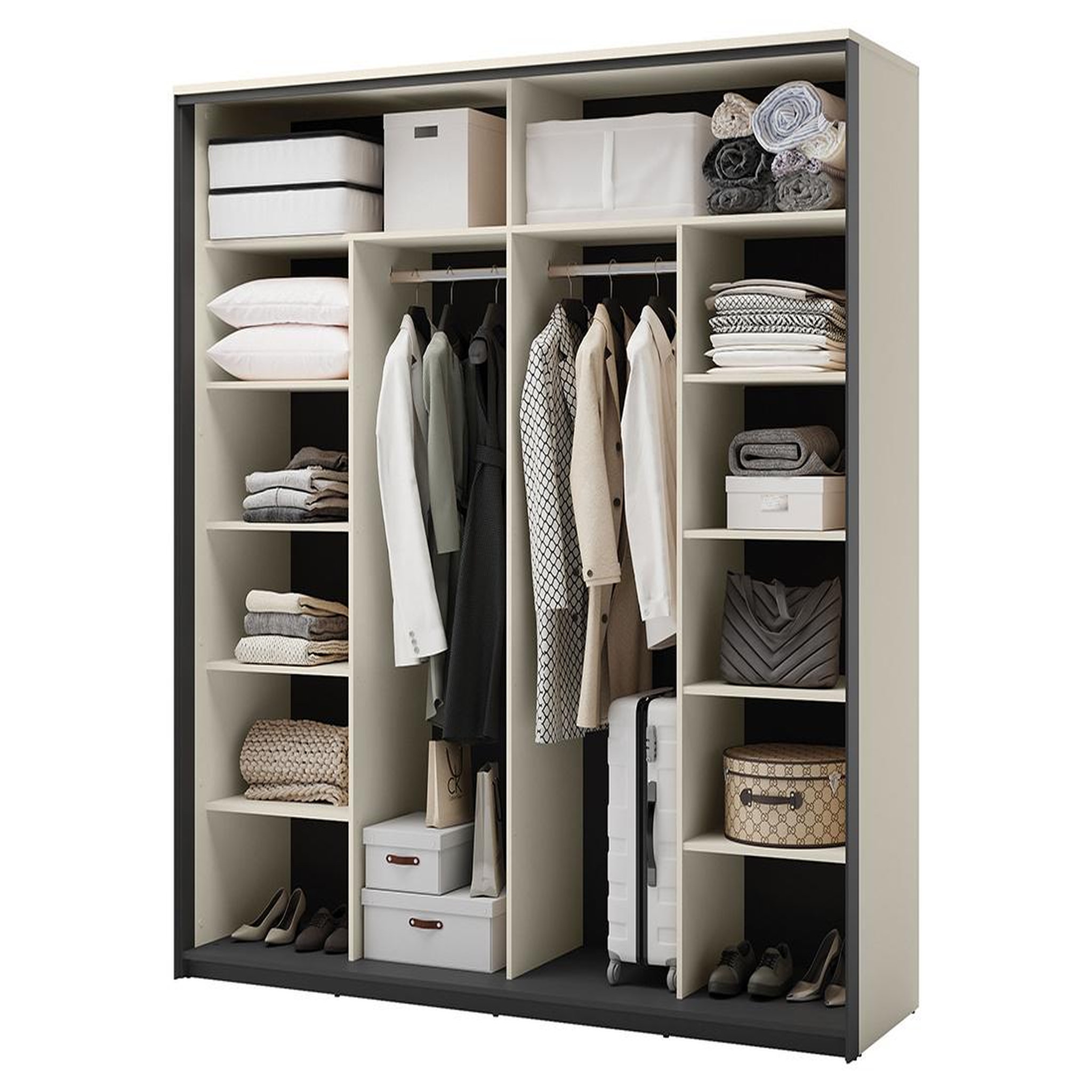 Voir la diapositive 5 : BEST MOBILIER Kimi - armoire - 2 portes coulissantes - led et miroir inclus - 220x221 cm