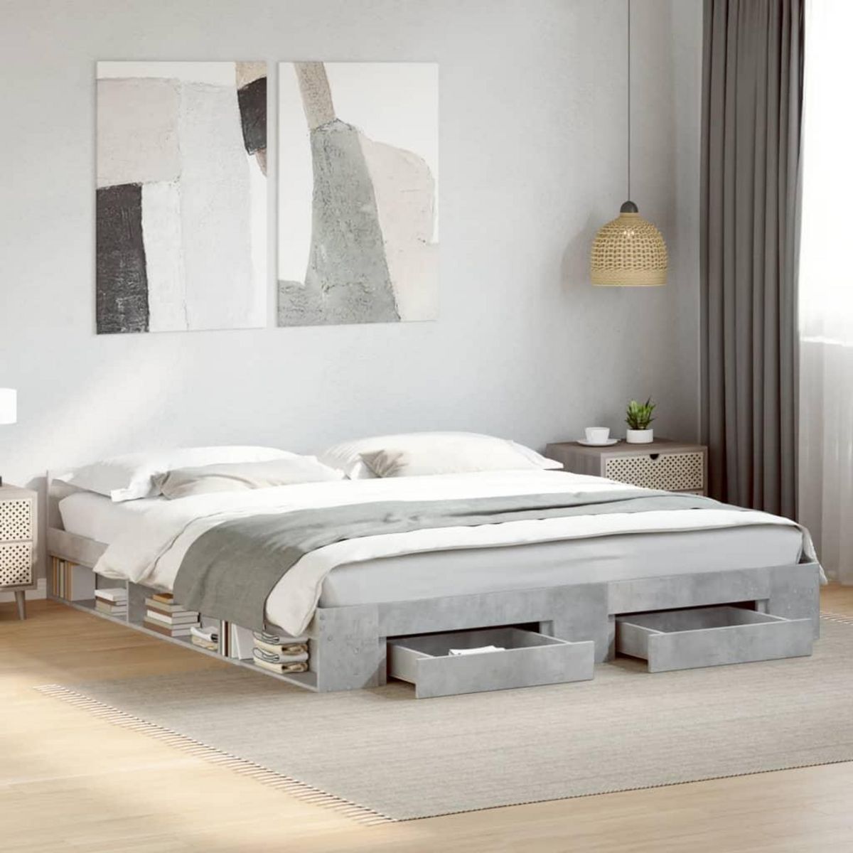 VIDAXL Cadre de lit avec tiroirs sans matelas gris beton 200x200 cm