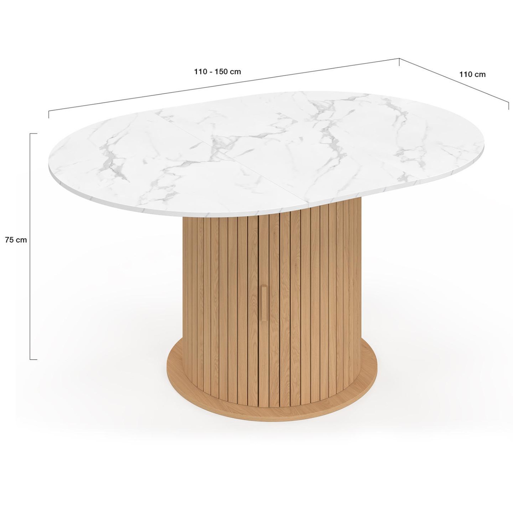 Voir la diapositive 5 : ID MARKET Table à manger extensible ronde juliette 4-8 personnes pied lattes avec rangement et plateau effet marbre blanc 110-150 cm