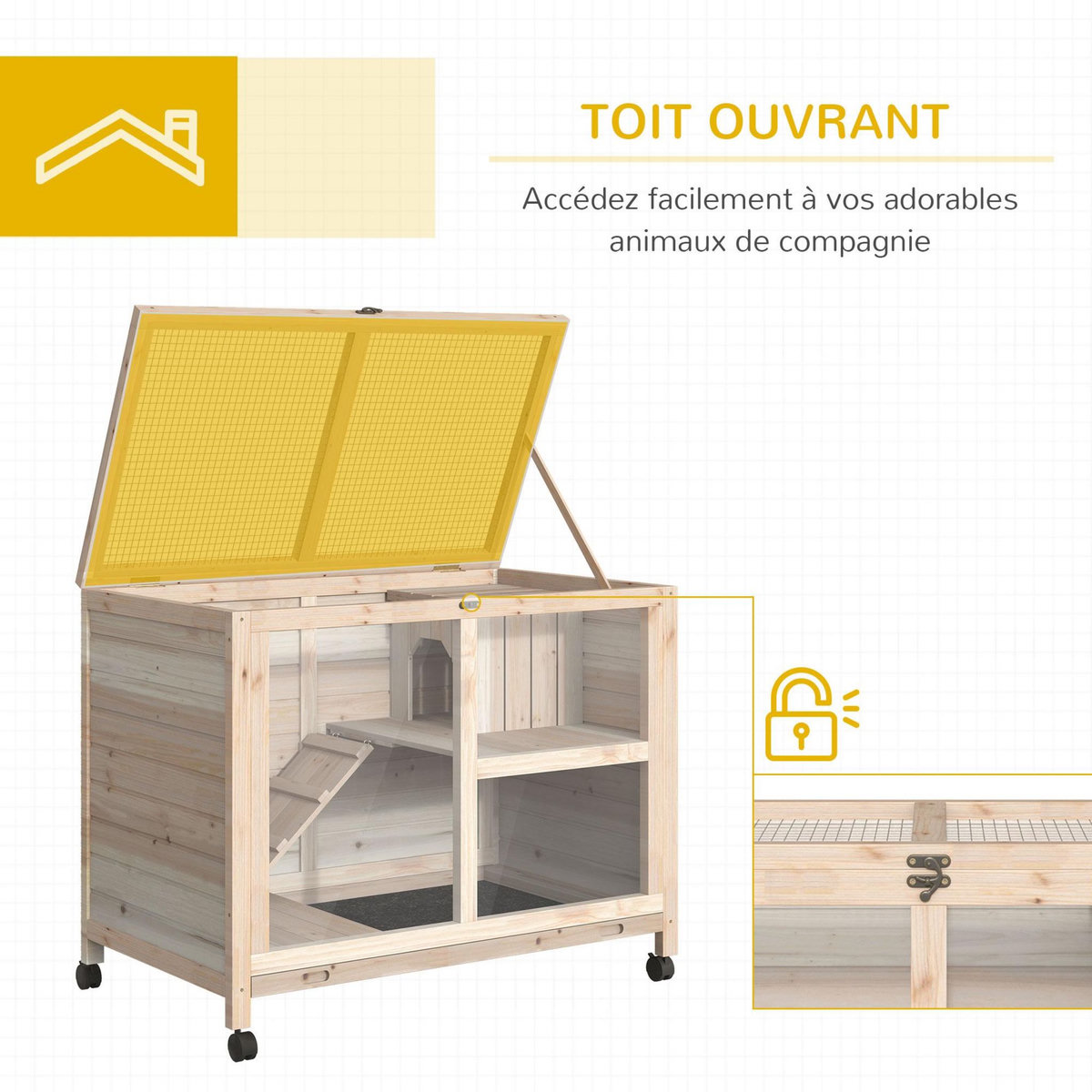 PAWHUT Clapier à lapin sur roulettes cage à lapin 2 niveaux toit ouvrant verrouillable plateau déjection coulissant rampe niche bois de sapin