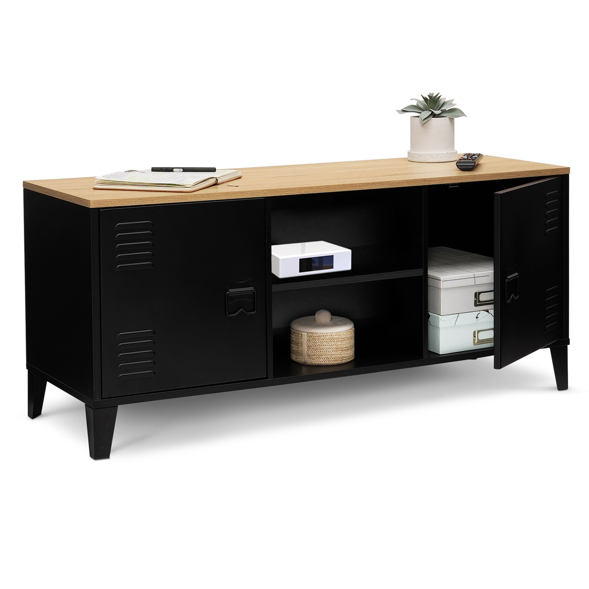Voir la diapositive 4 : ID MARKET Meuble tv 113 cm ester 2 portes métal noir et plateau bois design industriel