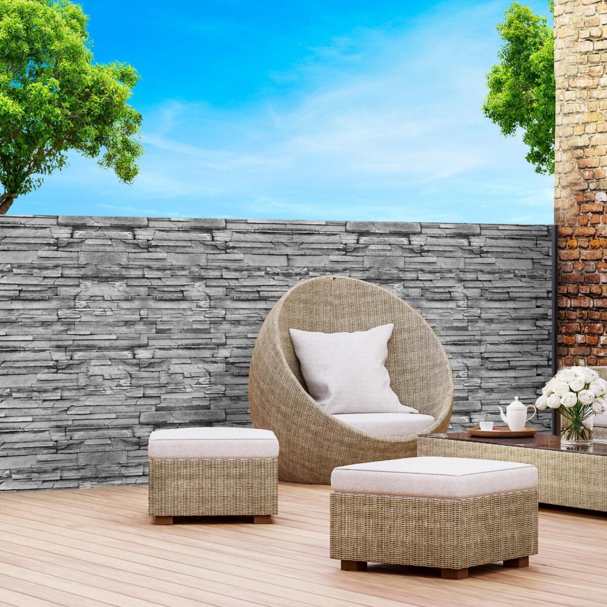 ID MARKET Brise vue occultant 1,8 x 10 M motif pierre grise 160 gr/m²