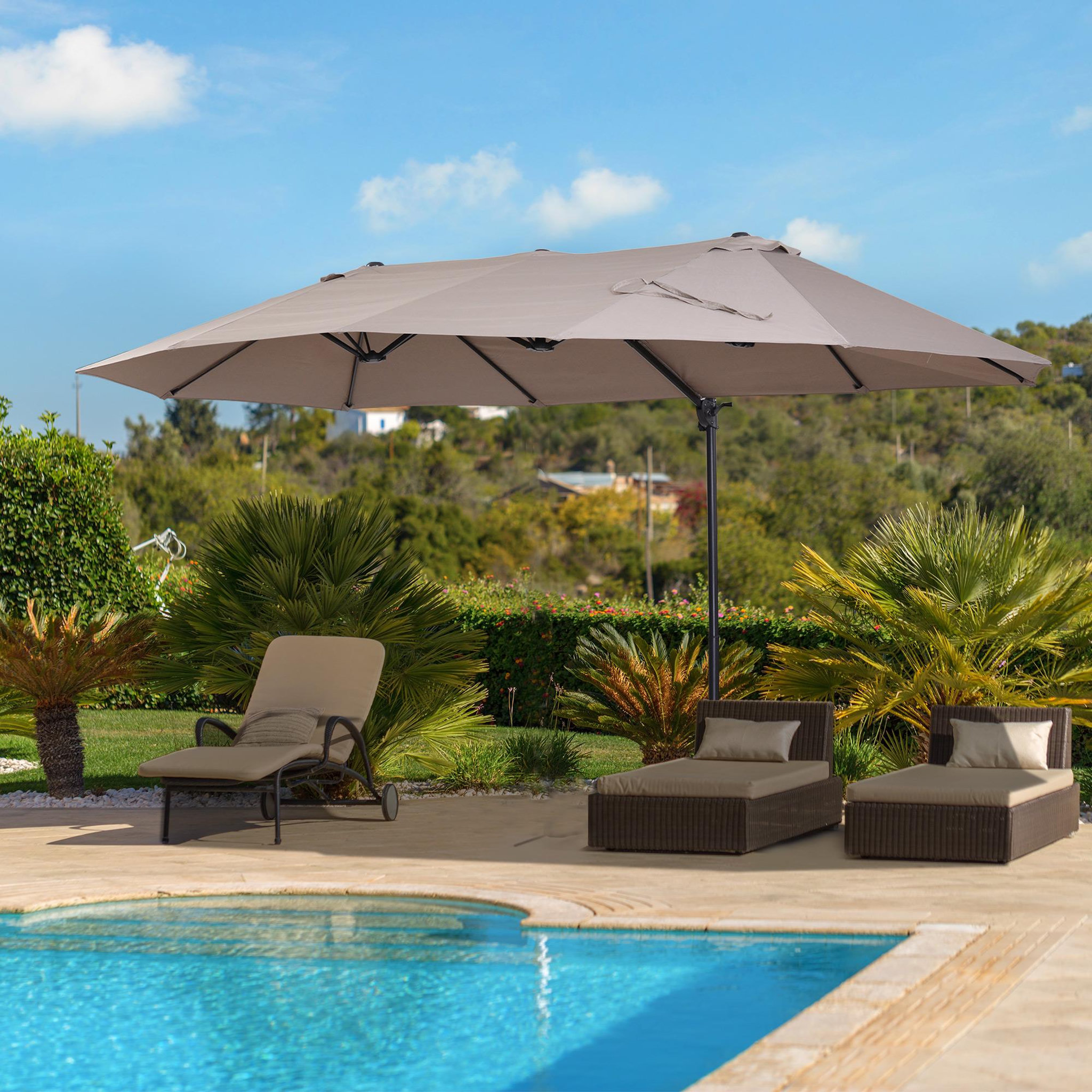 Voir la diapositive 2 : OUTSUNNY Parasol déporté grande taille XXL inclinable dim. 4,4L x 2,7l x 2,5H m piètement en acier inclus polyester marron