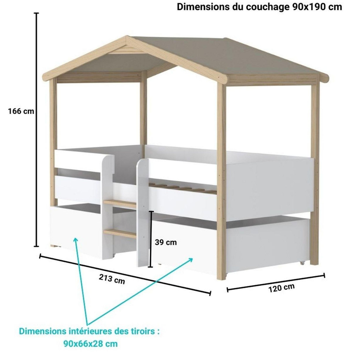 Ensemble Lit cabane enfant 90 x 190 cm avec sommier et 2 tiroirs TOTEM + matelas mousse 90x190 cm DIONE