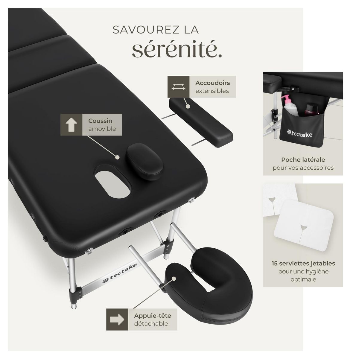 tectake Table 3 zones de massage largeur 70 cm et rembourrage 5 cm noir