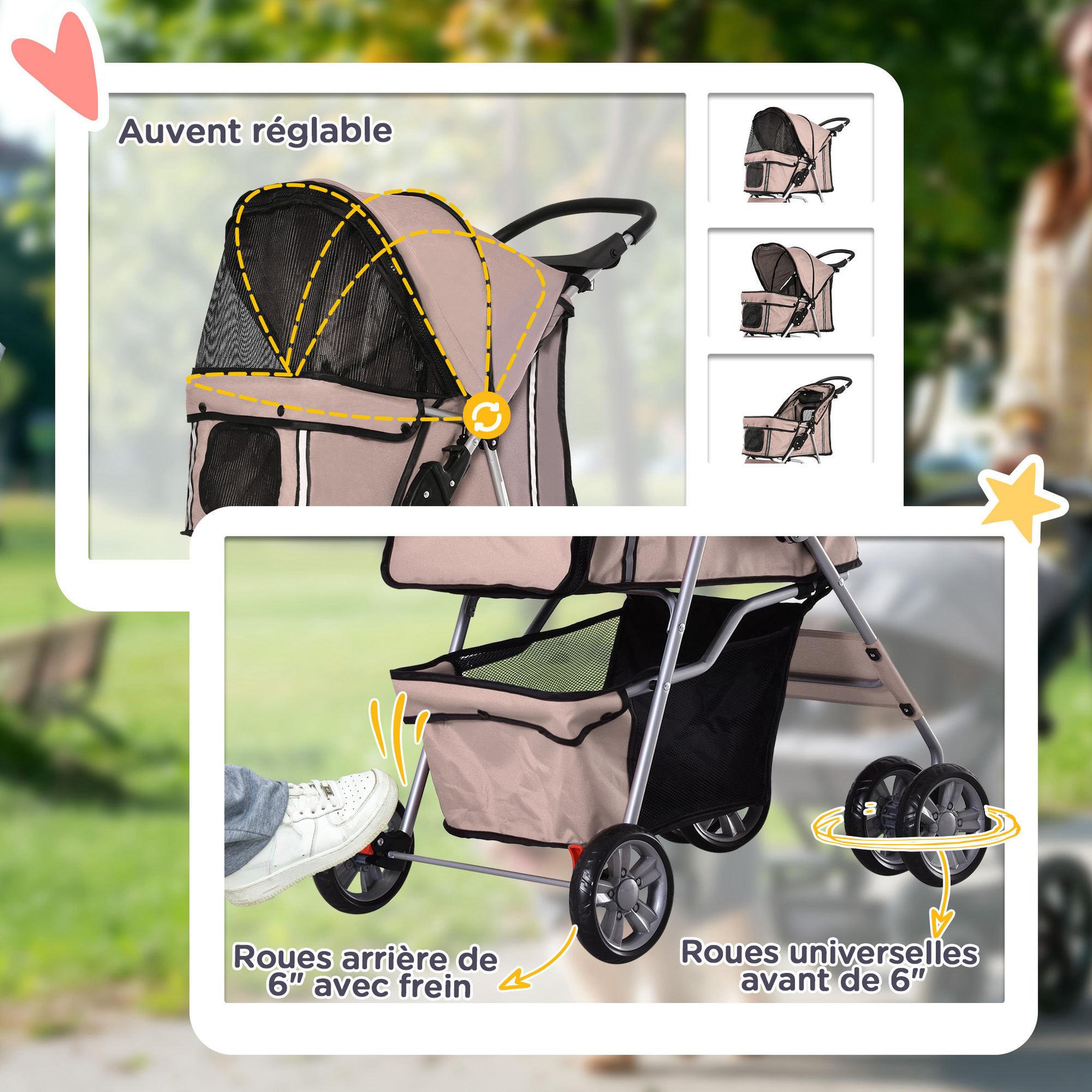 Voir la diapositive 5 : PAWHUT Poussette buggy pliable pour chiens tissu 600d oxford imperméable 4 roues marron