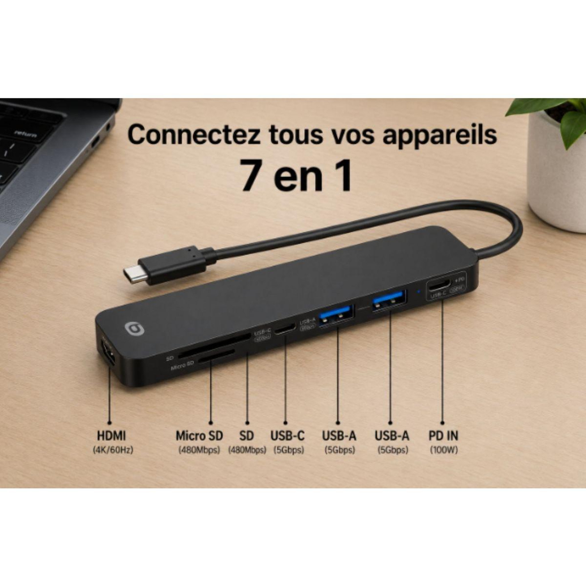 Voir la diapositive 3 : ESSENTIEL B Hub 7 en 1 usb c noir