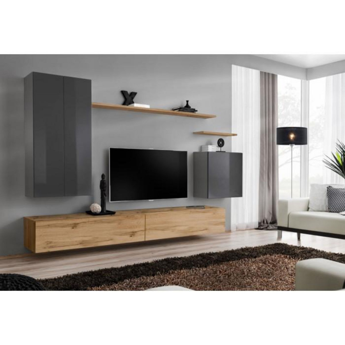 Paris Prix Meuble TV Mural Design  Switch II  270cm Gris & Naturel