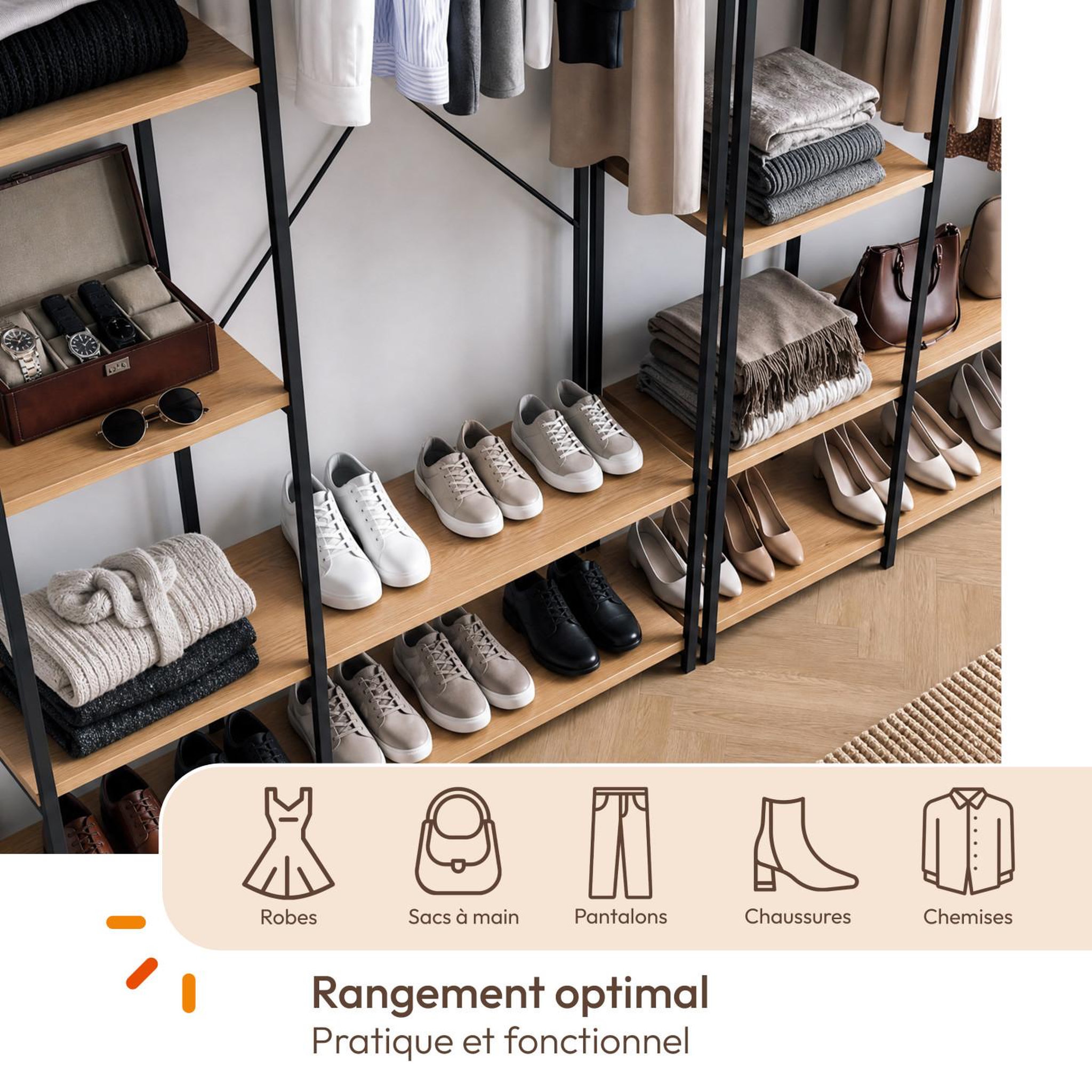 Voir la diapositive 5 : ID MARKET Dressing modulable double penderie étagère l. 180 cm detroit design industriel