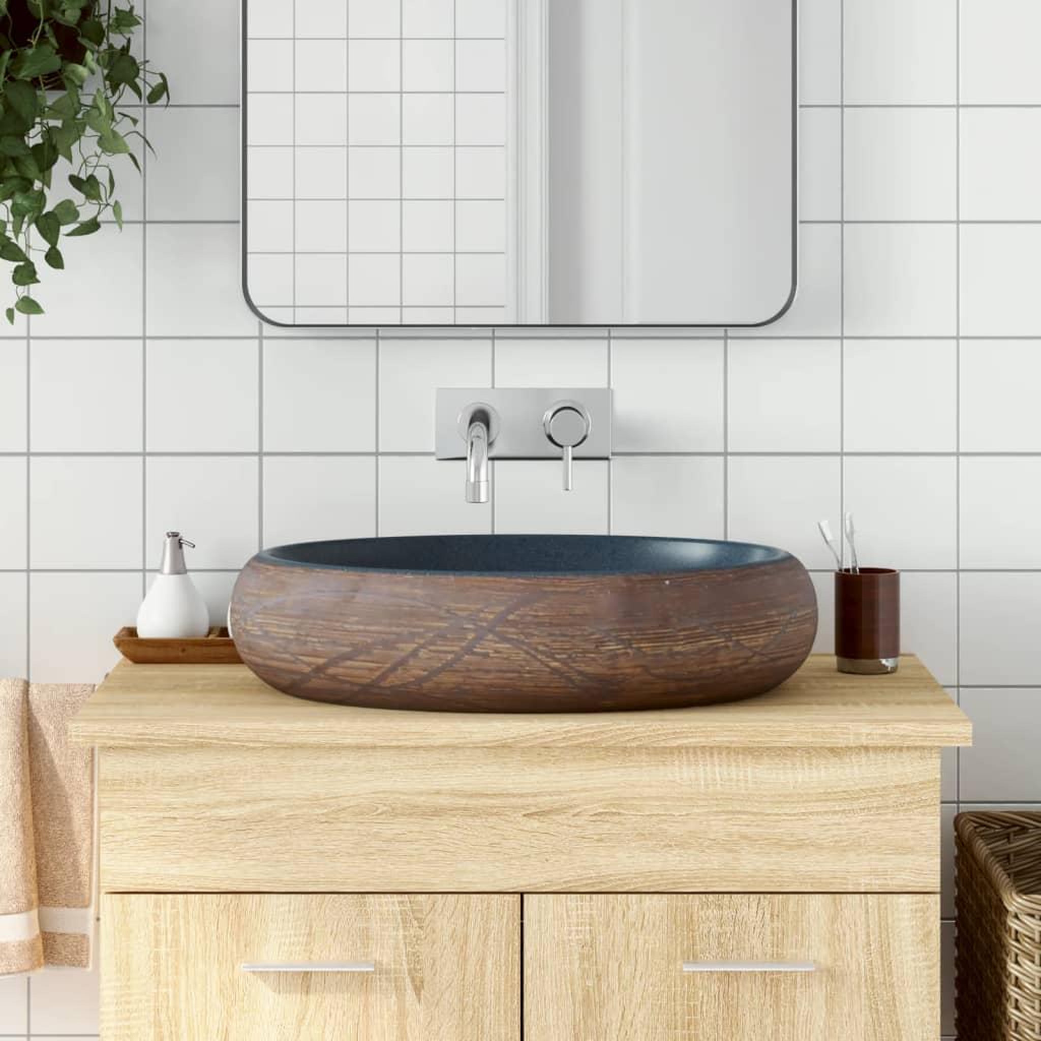 VIDAXL Vasque a poser marron et bleu ovale 59x40x15 cm ceramique