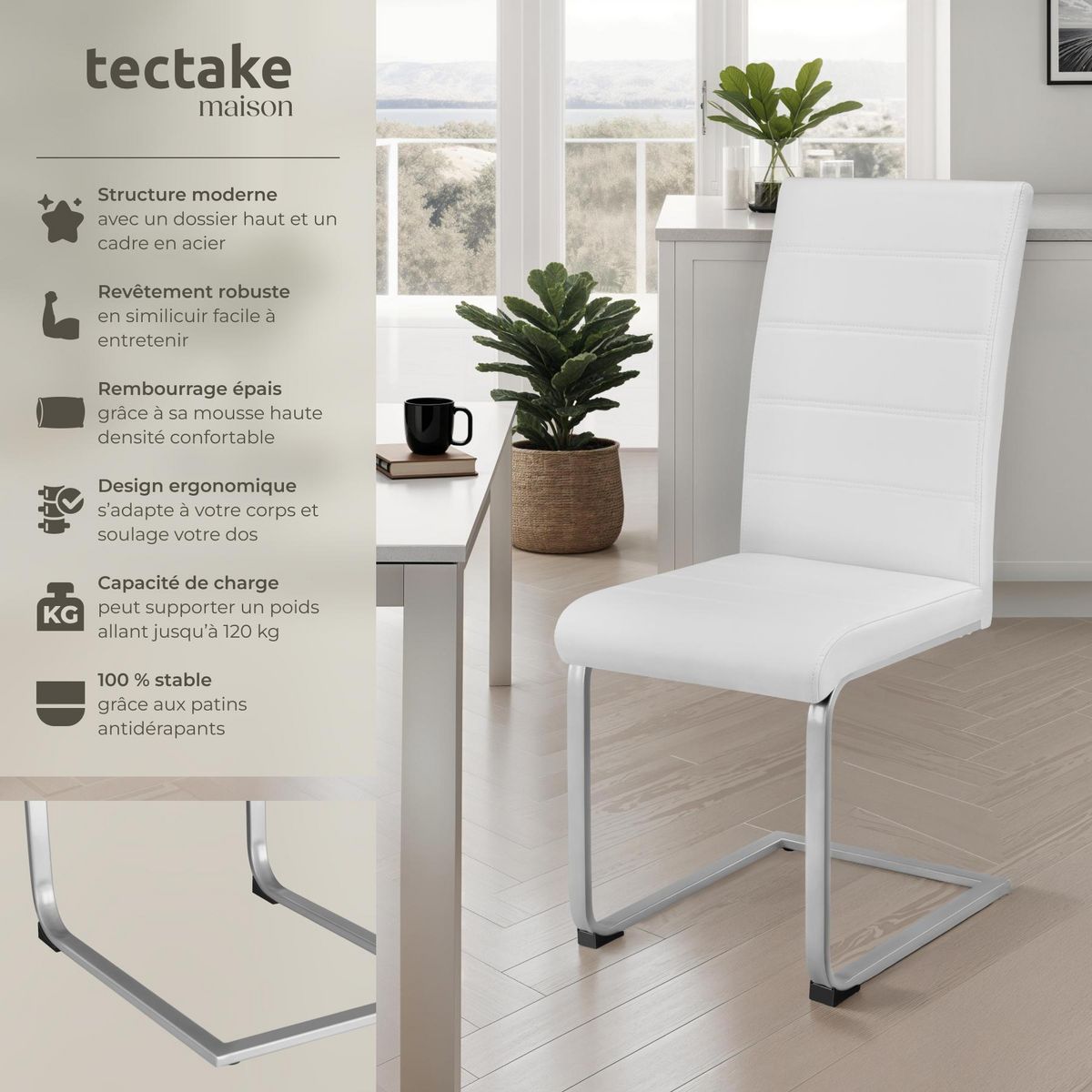 tectake Ensemble de chaises de salle à manger rembourré avec revêtement aspect cuir blanc Lot de 4