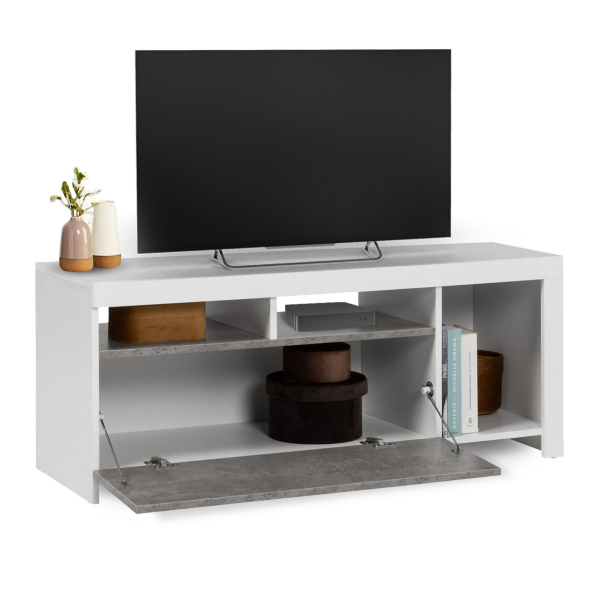 ID MARKET Meuble TV 110 cm MALO blanc et placard effet béton