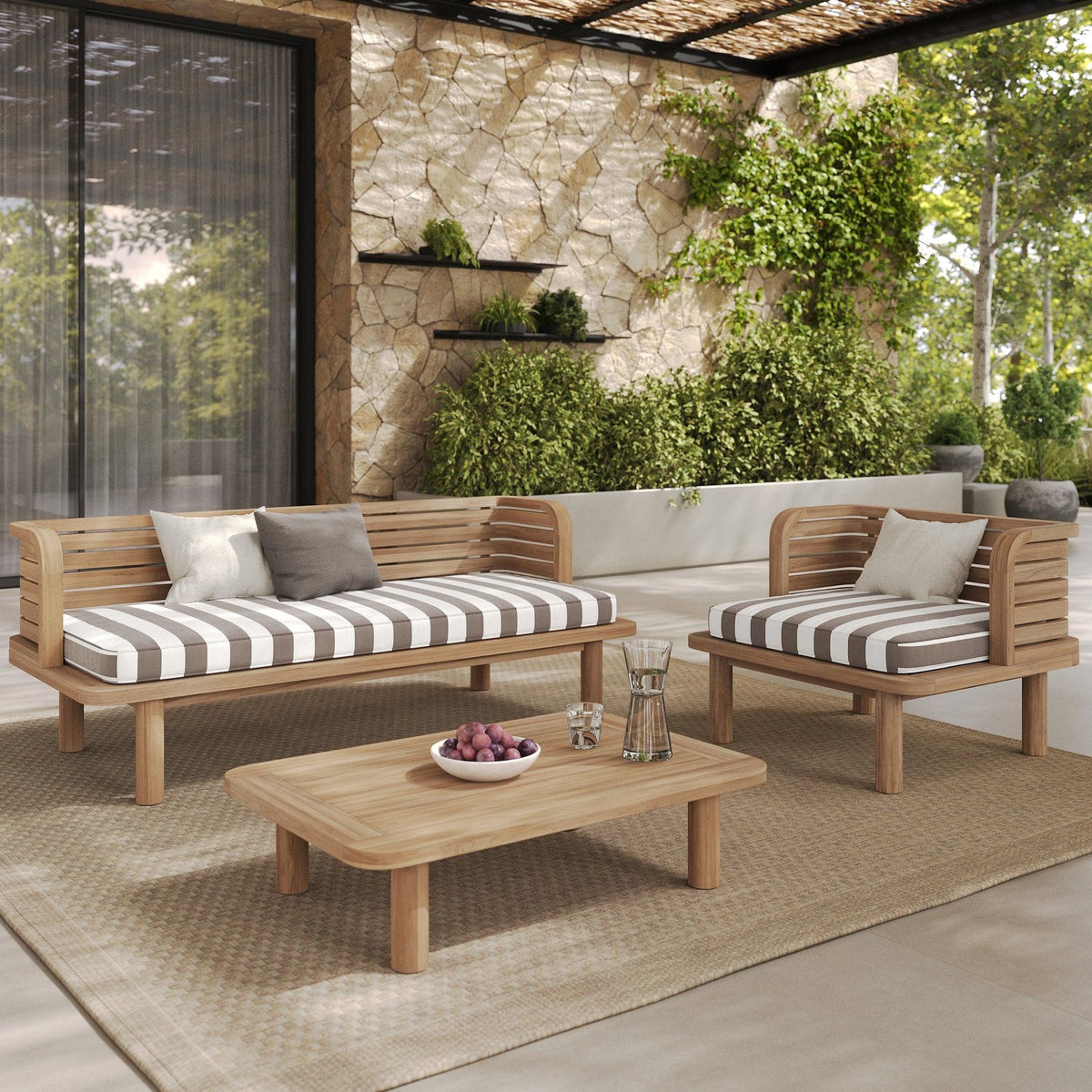 Rendez vous déco Salon de jardin 3 places en bois de teck et tissu rayé gris-Kilda