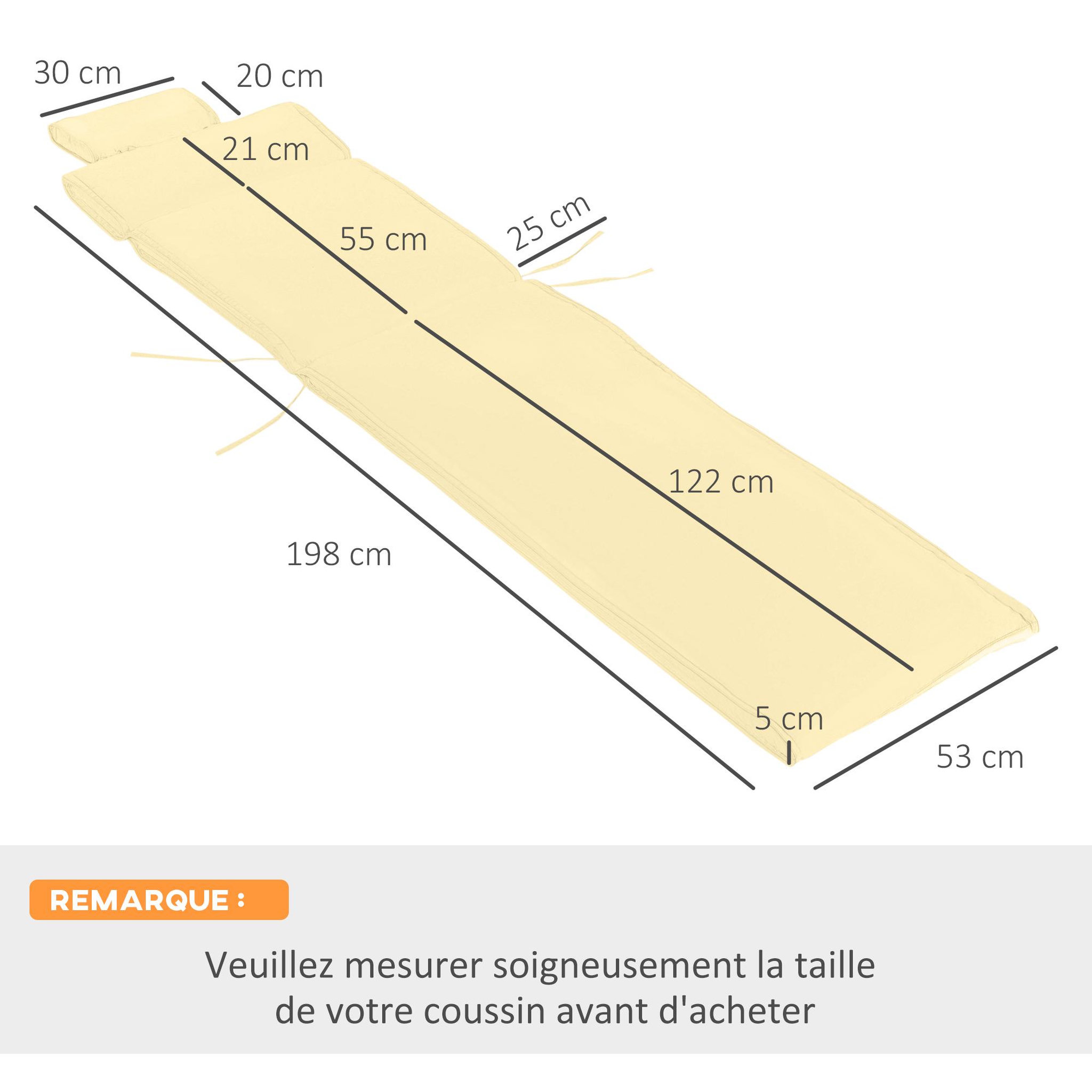 Voir la diapositive 3 : OUTSUNNY Matelas bain de soleil déhoussable - coussin de transat - matelas de chaise longue - 198 x 53 x 5 cm - tissu sable
