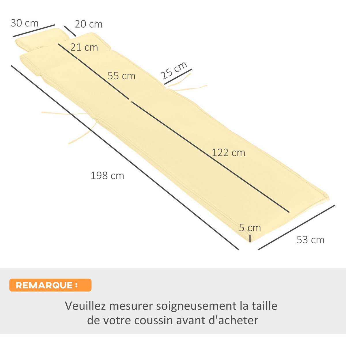 OUTSUNNY Matelas bain de soleil déhoussable - coussin de transat - matelas de chaise longue - 198 x 53 x 5 cm - tissu sable