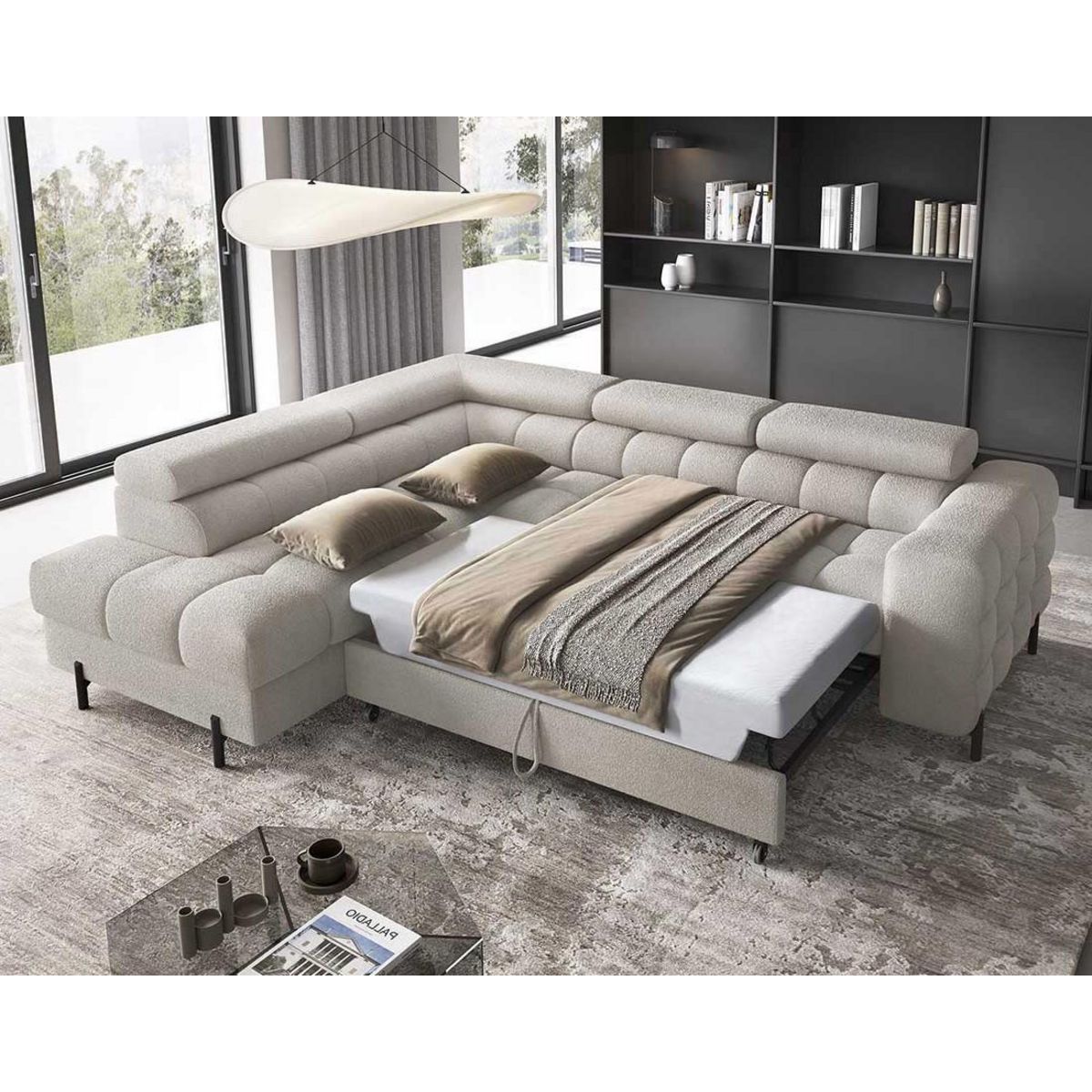 BEST MOBILIER Elisa - canapé d'angle gauche 5 places convertible avec coffre et têtières réglables en tissu bouclette