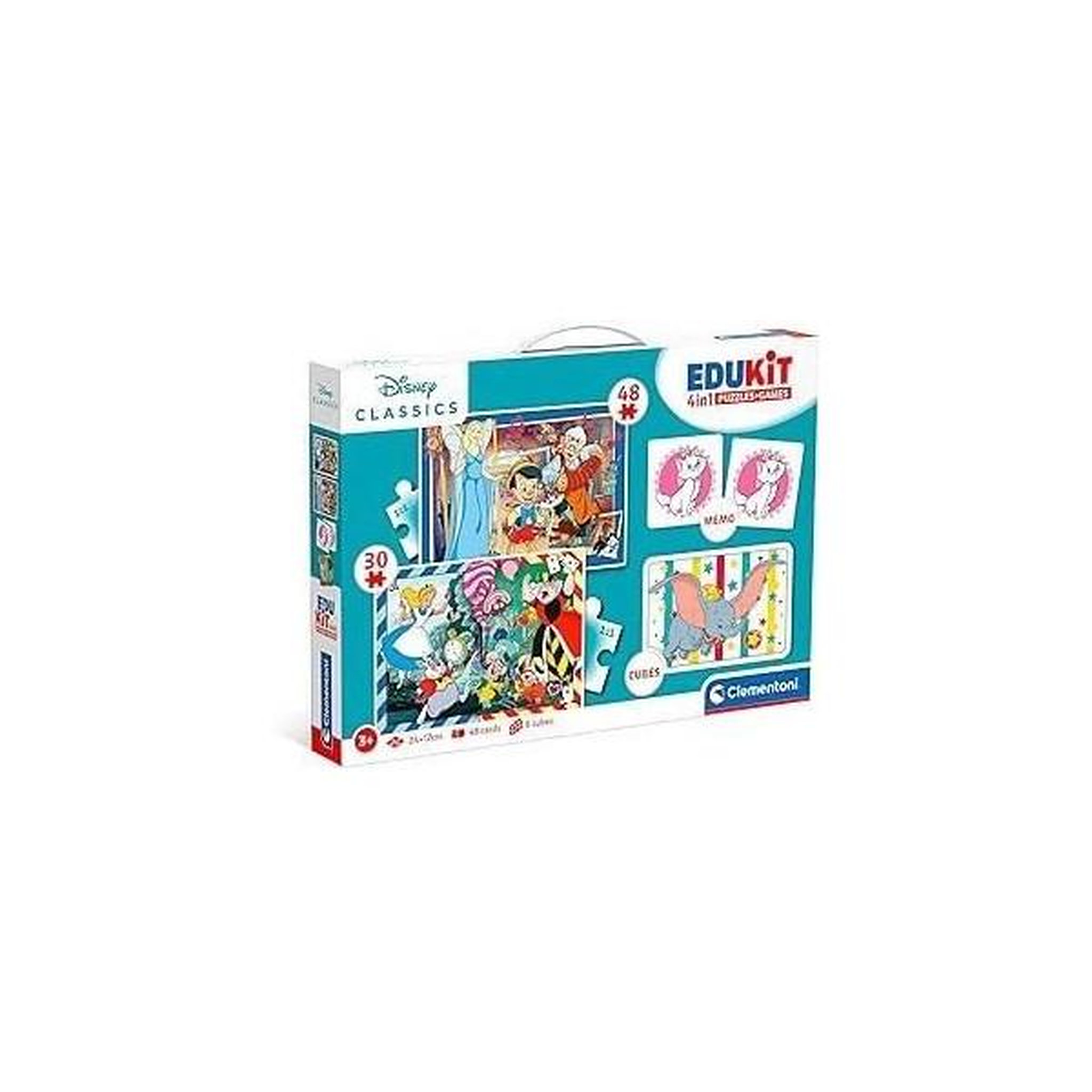 CLEMENTONI Clementoni - edukit - disney - coffret apprentissage 4 en 1 - 2 puzzles, 1 mémo, 1 jeu de 6 cubes - fabriqué en italie - dés