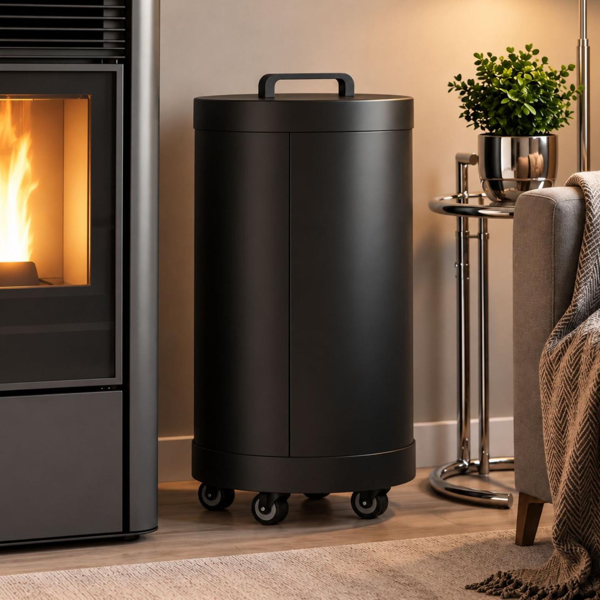 Voir la diapositive 2 : ID MARKET Réservoir à granulés rond 30 kg noir 4 compartiments détachables avec bec verseur rangement à pellets 35 x 35 x 63,5 cm