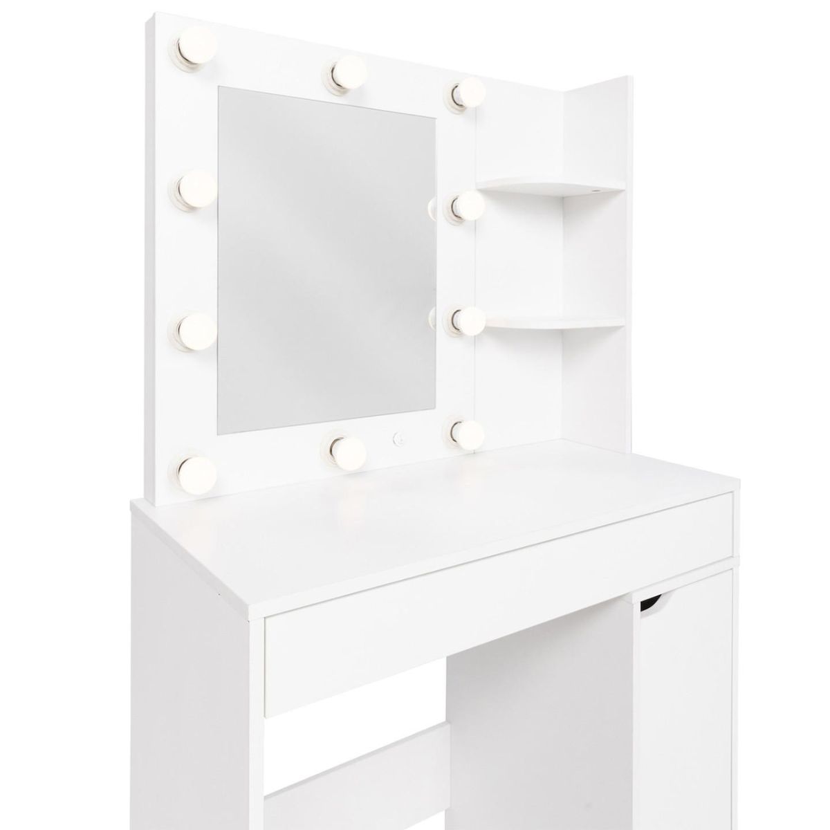 ID MARKET Coiffeuse ZELIA miroir LED avec 1 tiroir, étagères, caisson de rangement et tabouret