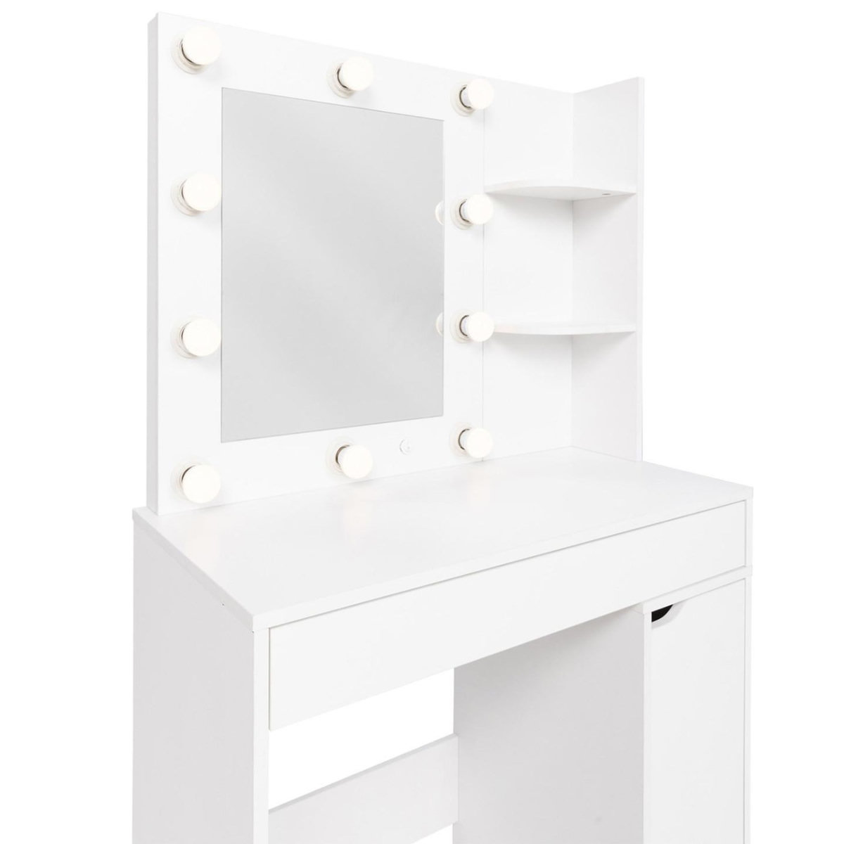 ID MARKET Coiffeuse ZELIA miroir LED avec 1 tiroir, étagères, caisson de rangement et tabouret