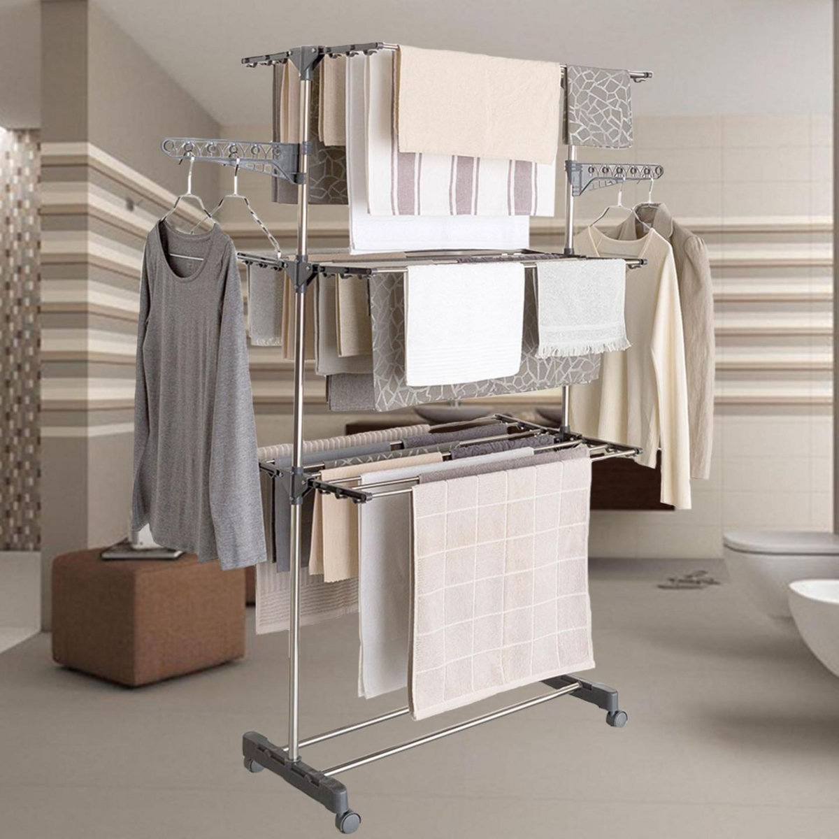 ID MARKET Séchoir à linge vertical pliable 3 niveaux MAXIMA capacité 20M inox et gris