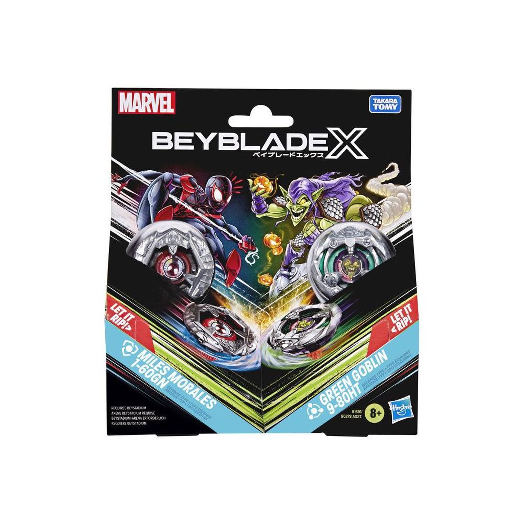 Voir la diapositive 6 : BEYBLADE Coffret beyblade x marvel miles morales 1-60gn vs green goblin 9-80ht, multipack 2 toupies rotation droite et 2 lanceurs, système x-acceleration