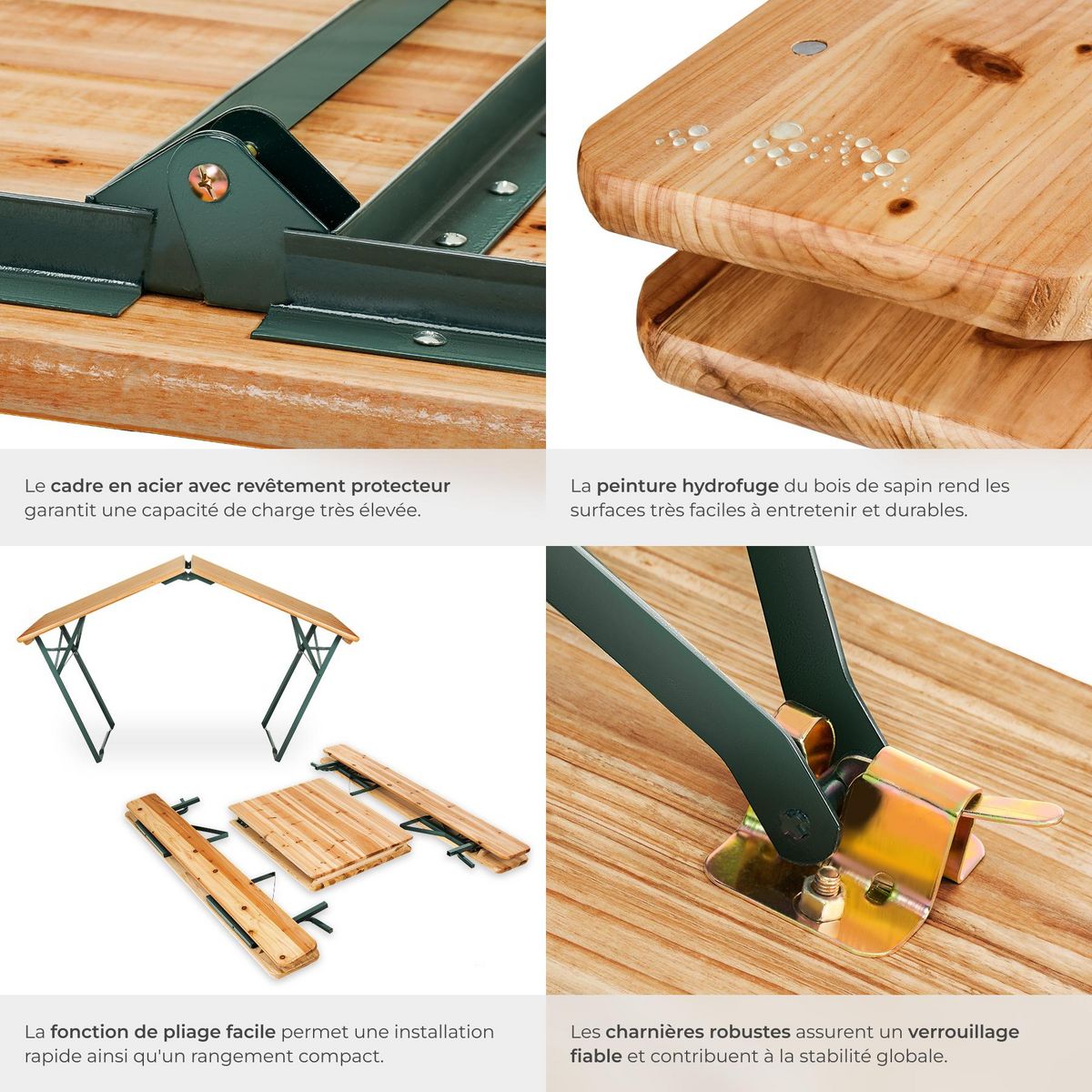 tectake Ensemble table et bancs de brasserie 3 pièces pliables avec dossiers amovibles marron