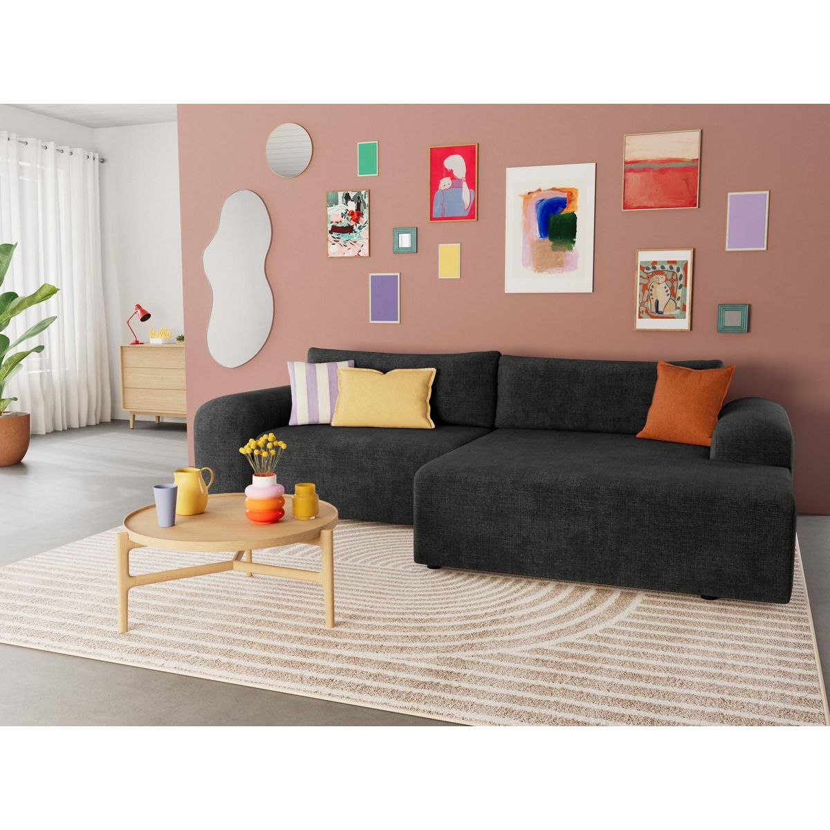 BEST MOBILIER Rebecca - canapé d'angle droit 4 places convertible avec coffre en velours texturé