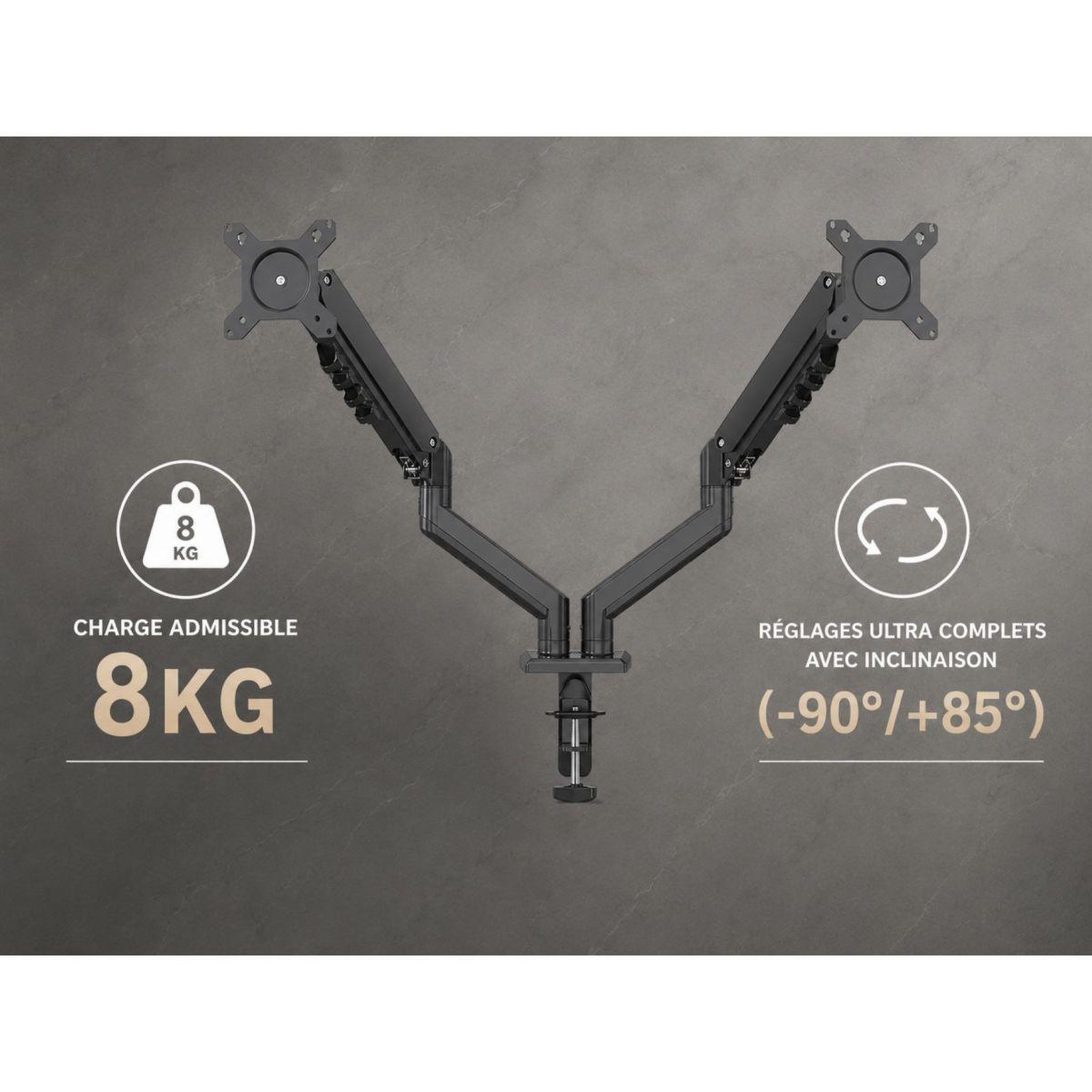 Voir la diapositive 2 : ESSENTIEL B Bras support moniteur double de 15'' à 32''