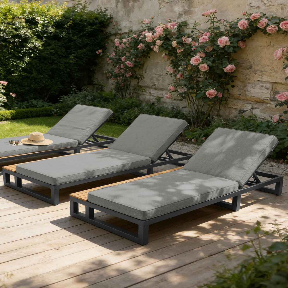 MERAX Bain de soleil 1 place en métal et bois avec dossier réglable et coussin, gauche