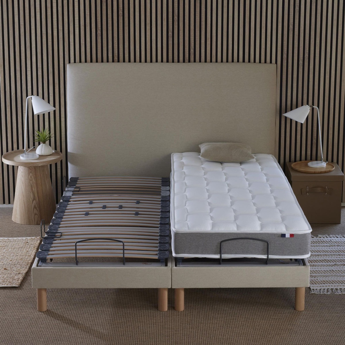 IDLITERIE Ensemble lit électrique relaxation multi lattes + Matelas Mousse à mémoire de forme Couleur - Beige, - 2x70 x 190 cm