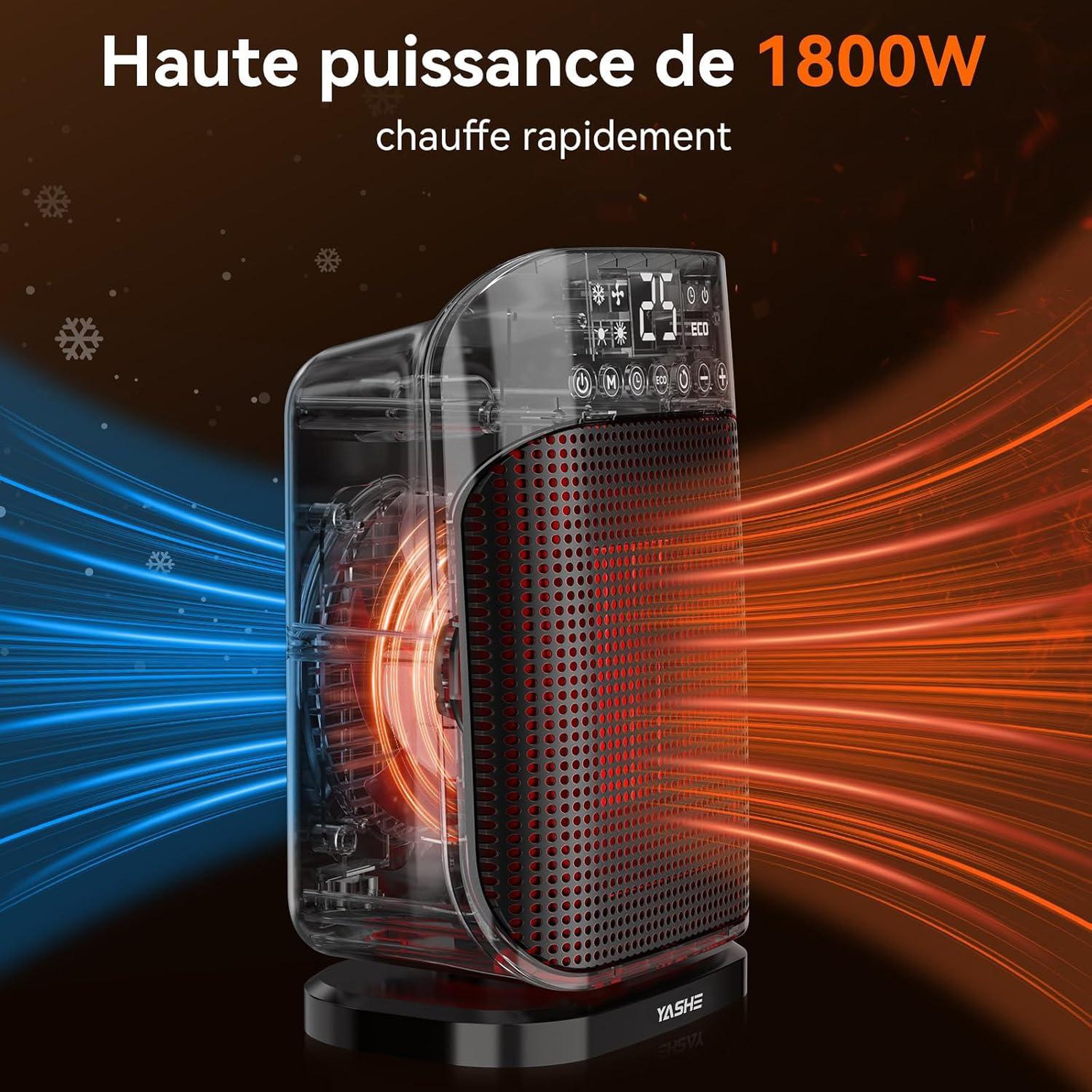 Voir la diapositive 2 : YASHE Chauffage soufflant, 1800 W, ECO, oscillation 75°, noir