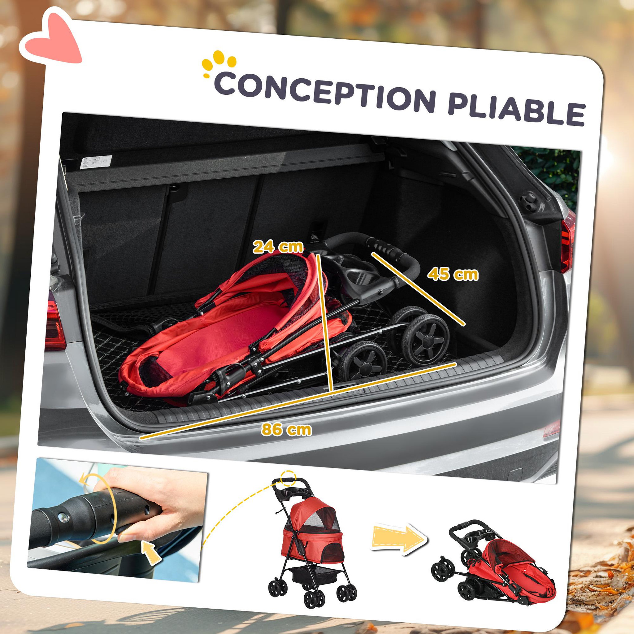 Voir la diapositive 4 : PAWHUT Poussette buggy pliable chien chat panier rangement porte-gobelets tissu 300d oxford imperméable 4 roues rouge