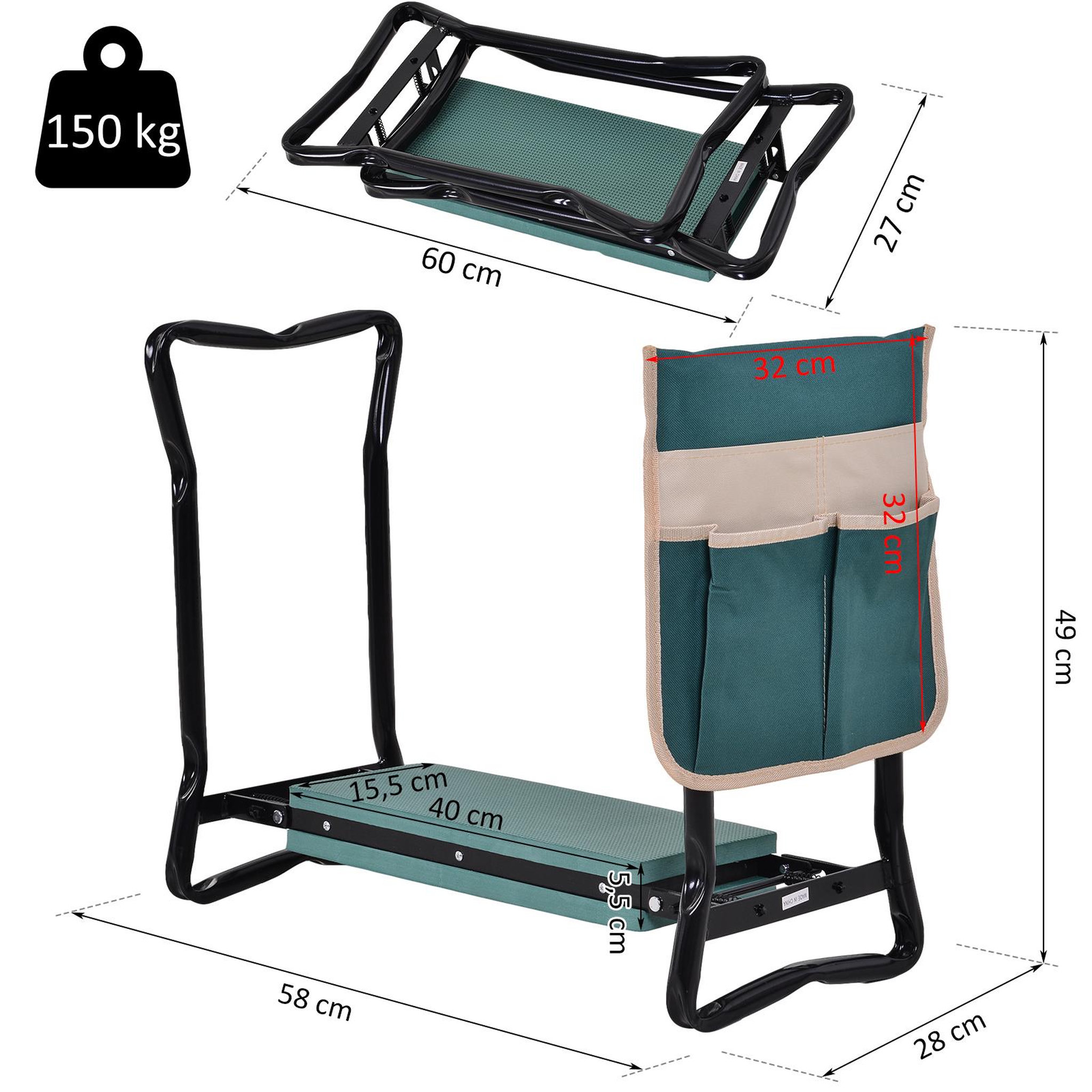 Voir la diapositive 3 : OUTSUNNY Tabouret de jardin pliable agenouilloir de jardin siège jardinage avec coussin pochette rangement outils vert