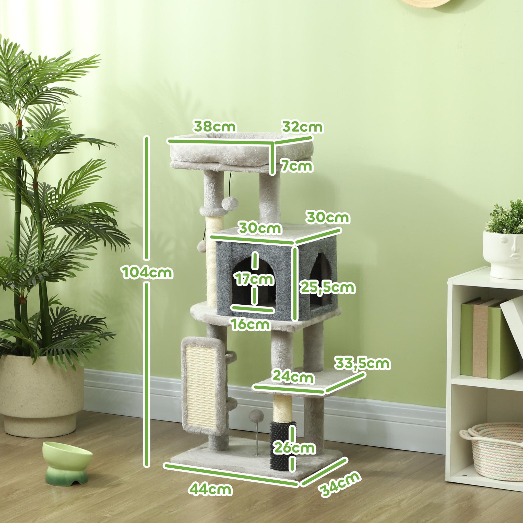 Voir la diapositive 3 : PAWHUT Arbre à chat h.104 cm - griffoir, grattoir, bande massante, jeux boules, niche, plateforme observation - gris