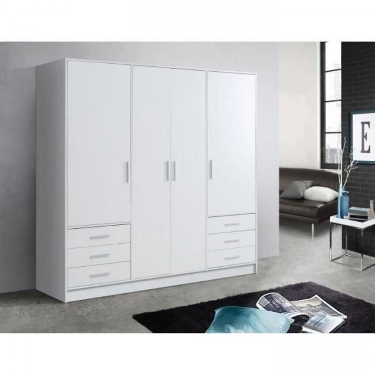 MARKET24 Armoire 4 portes battantes + 6 tiroirs - Bois aggloméré - Blanc mat - L 206,5 x P 60 x H 200 cm - JUPITER