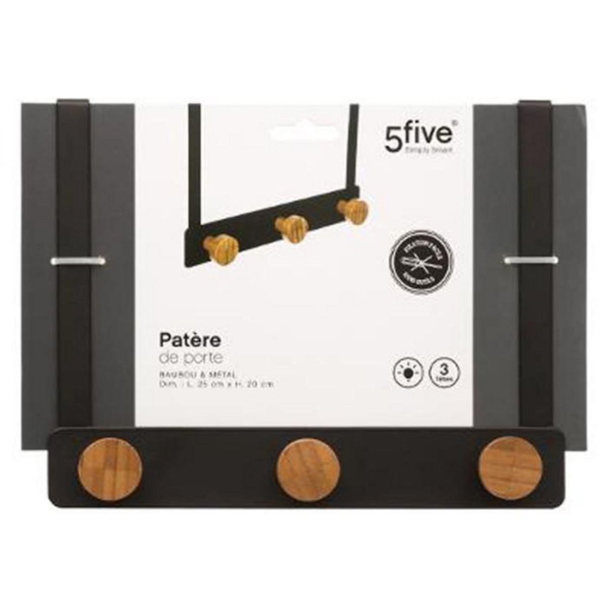 FIVE Patère en Métal & Bambou  3 Têtes  20cm Noir