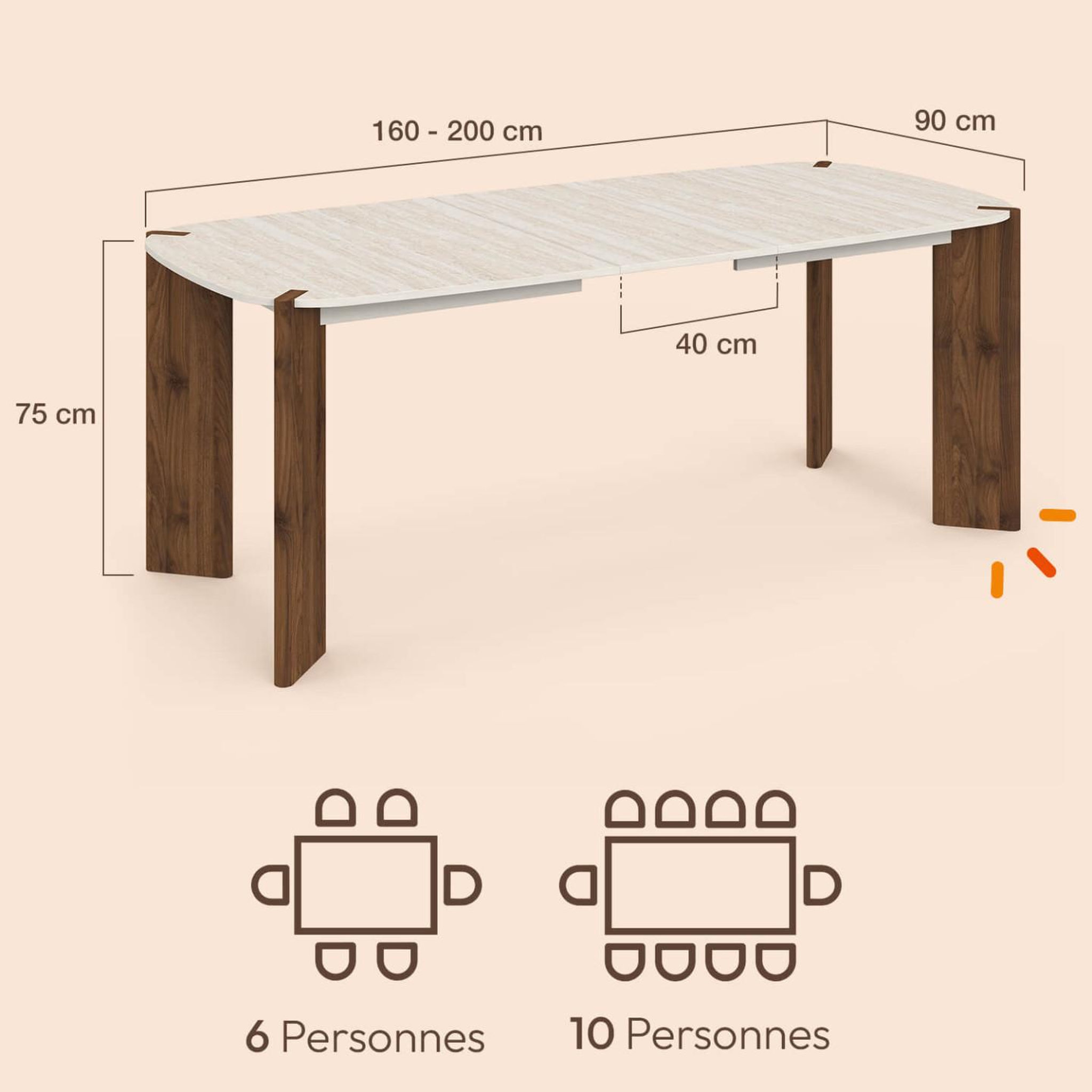 Voir la diapositive 4 : ID MARKET Table à manger extensible rectangulaire arrondie tess 6-10 personnes 4 pieds arrondis noyer plateau travertin 160-200 cm