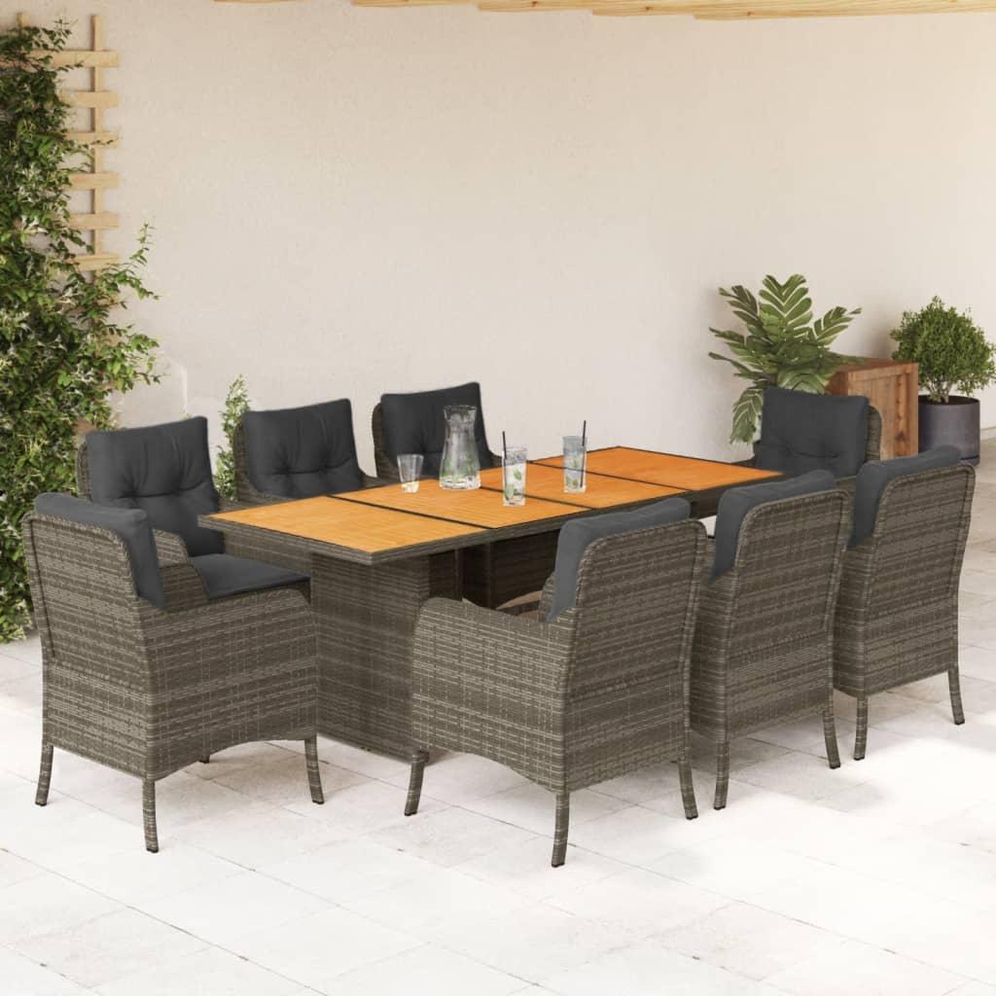 VIDAXL Ensemble a manger de jardin 9 pcs coussins gris resine tressee