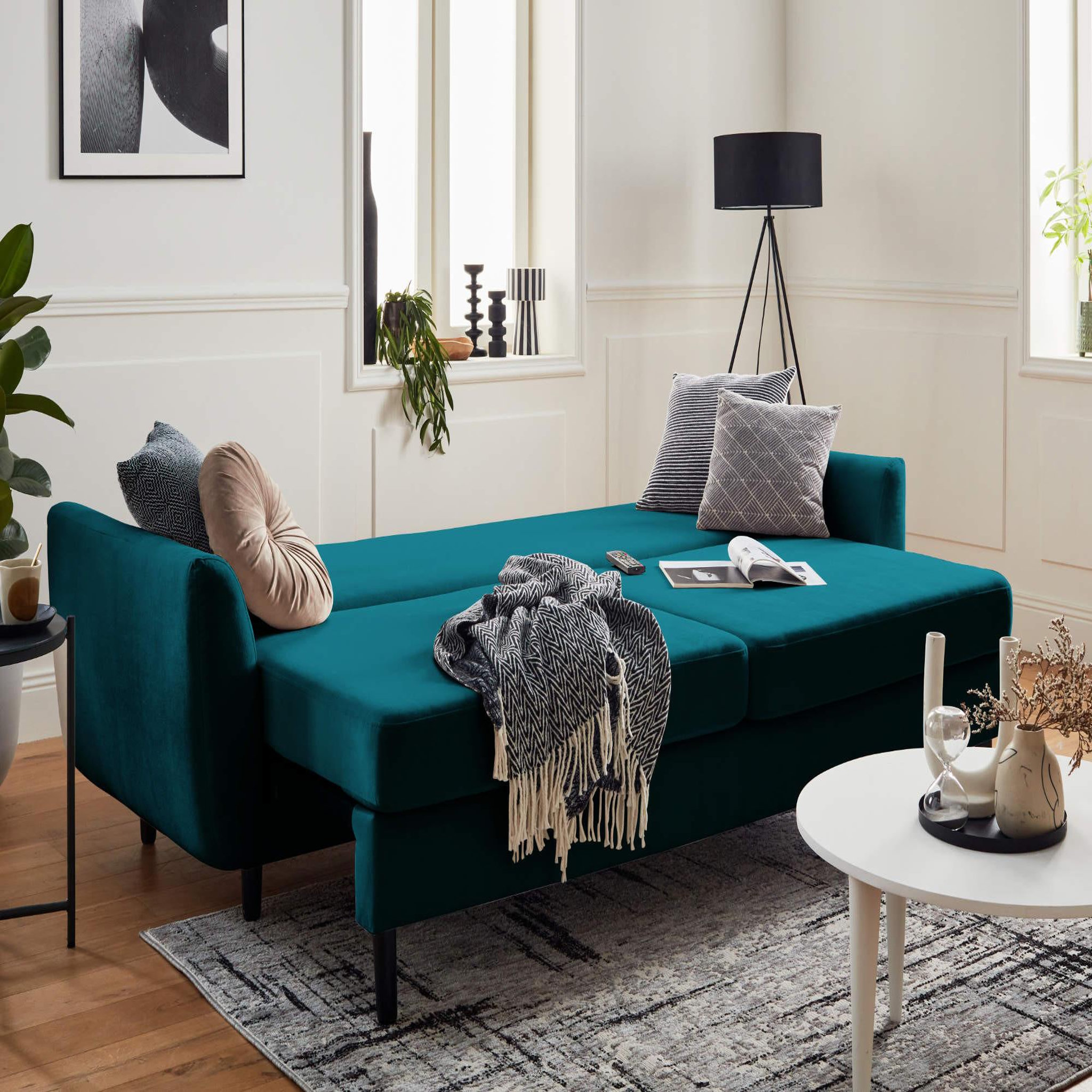 Voir la diapositive 3 : BEST MOBILIER Nils - canapé droit 3 places convertible - avec coffre de rangement - velours