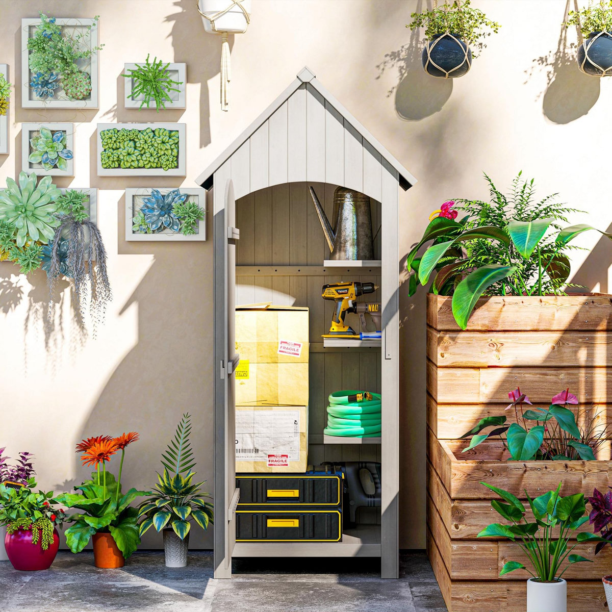 OUTSUNNY Armoire abri de jardin remise pour outils 3 étagères porte loquet toit pente bitumé dim. 77L x 54l x 179H cm bois sapin pré-huilé gris