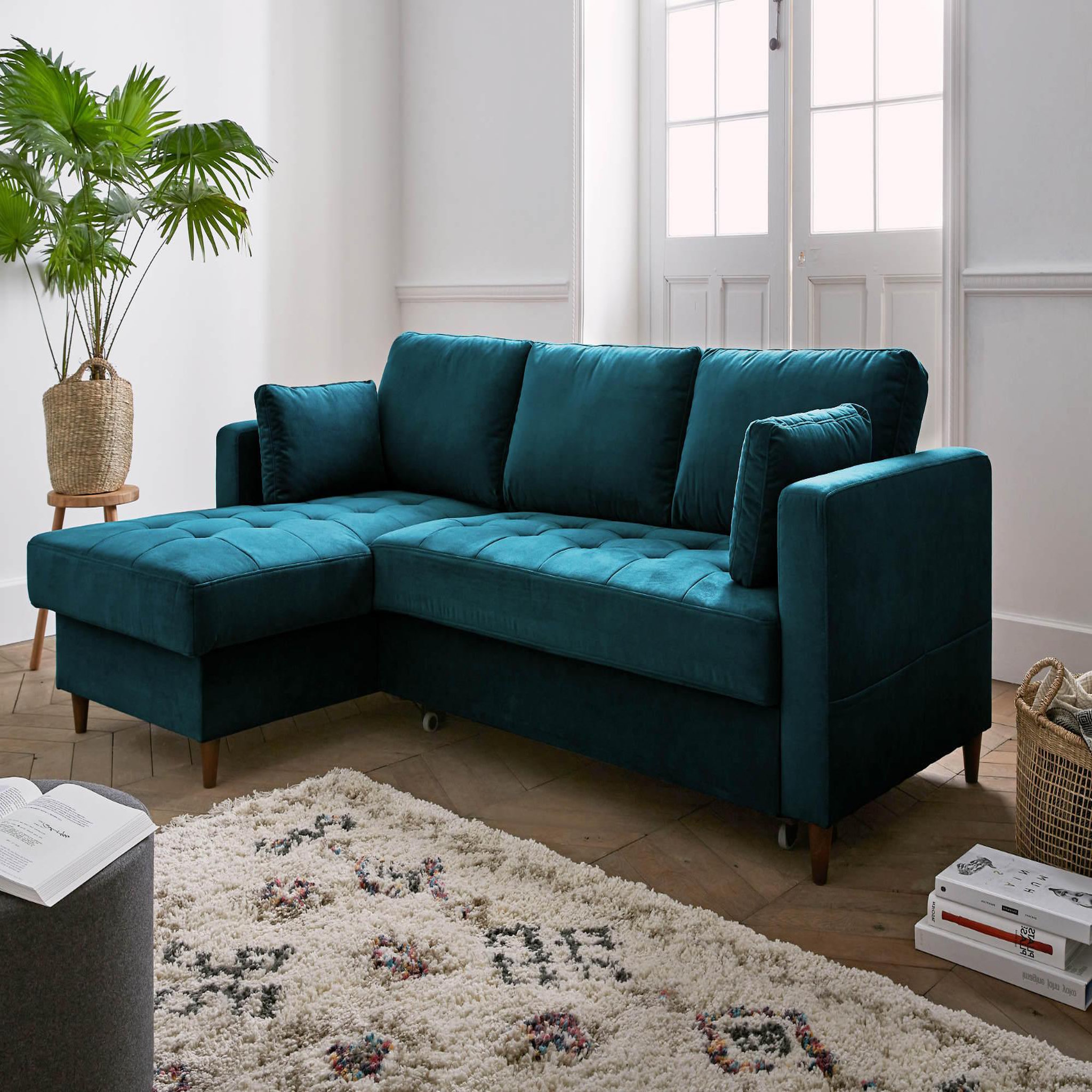 LISA DESIGN Anna - canapé d'angle gauche - 4 places - convertible avec coffre - en velours. Coloris disponibles : Bleu, Orange, Vert, Jaune, Rose, Gris, Beige