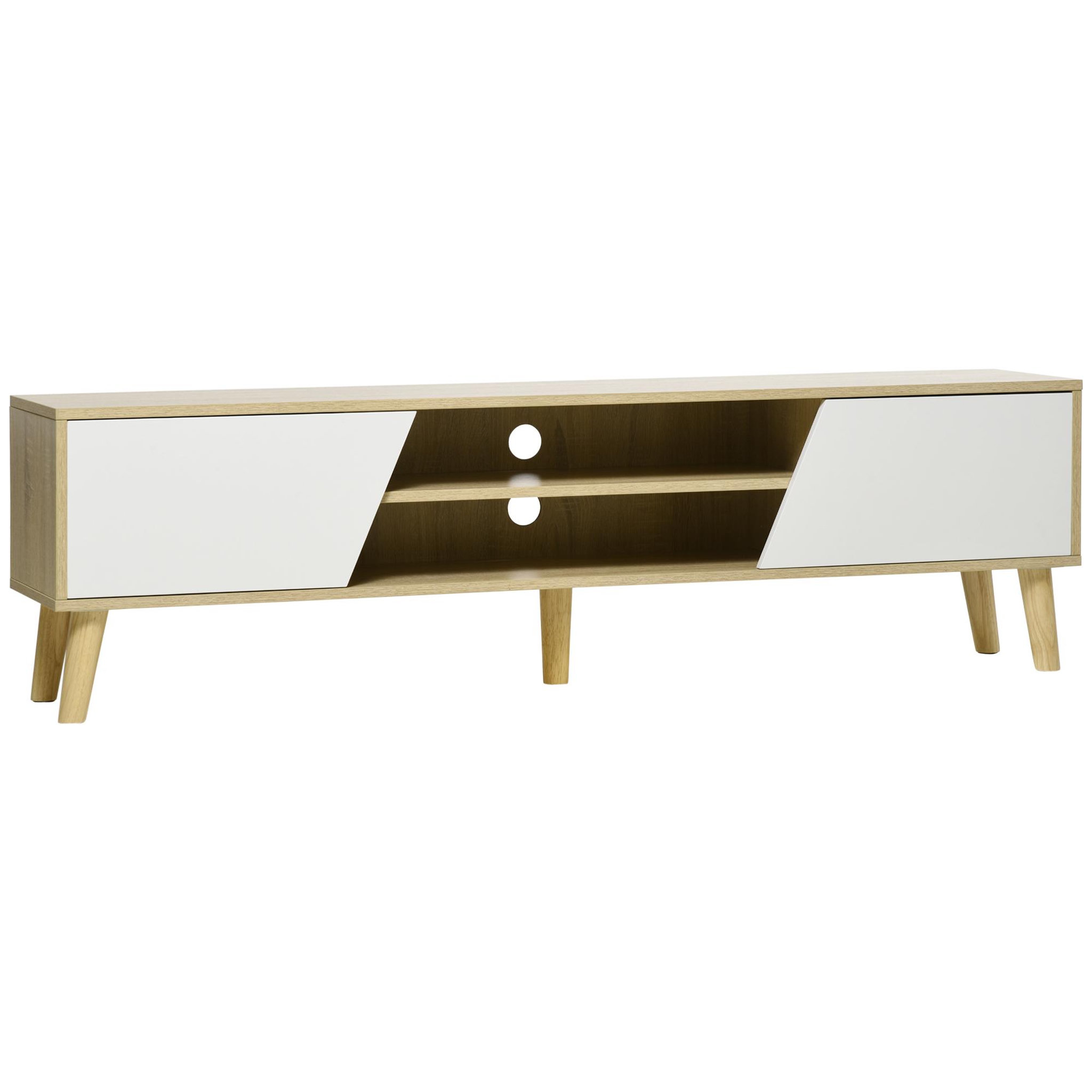 Voir la diapositive 1 : HOMCOM Meuble TV bas sur pied style scandinave 2 portes 2 niches piètement effilé incliné bois panneaux blanc aspect chêne clair