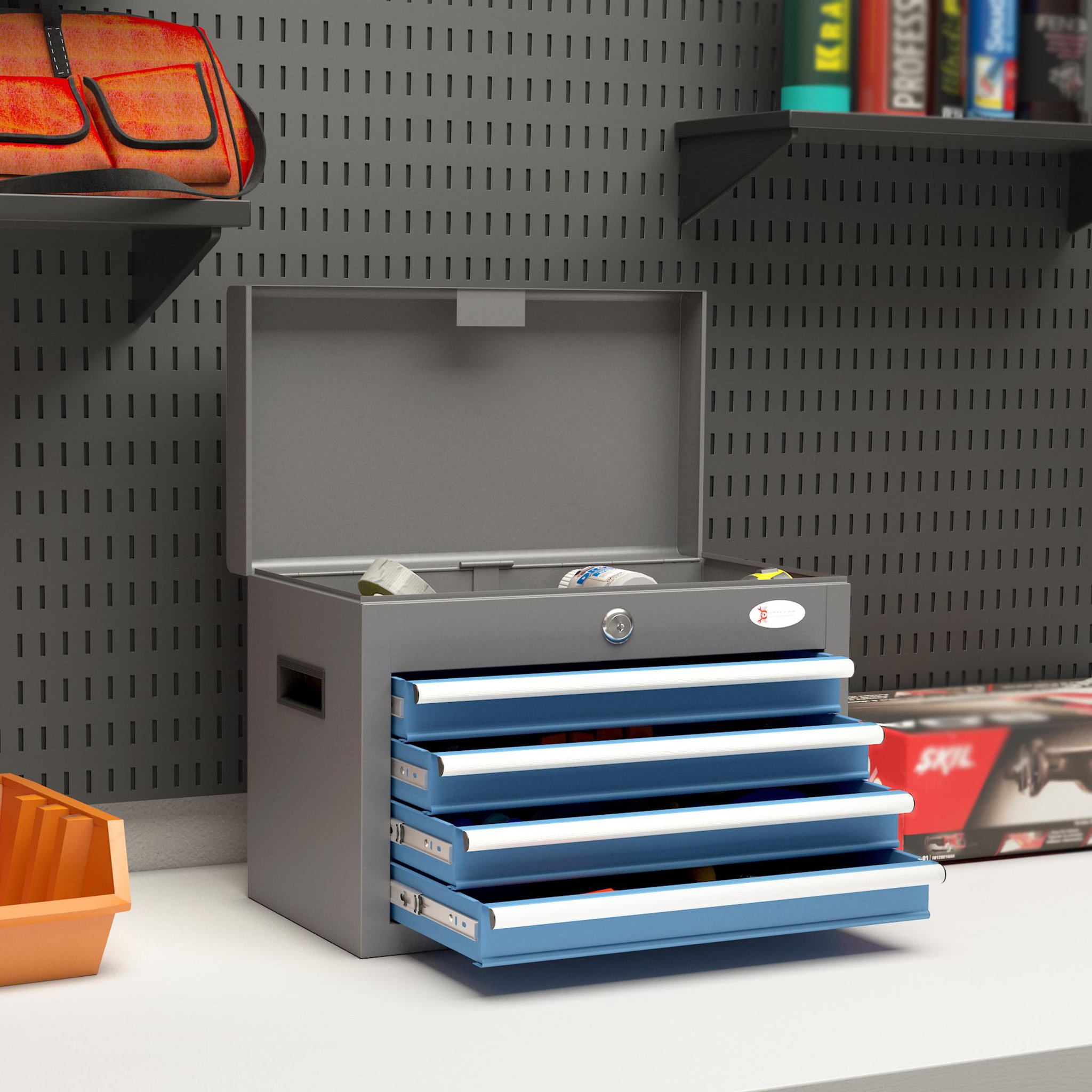Voir la diapositive 2 : HOMCOM Boite à outils métallique caisse à outils - 4 tiroirs + plateau verrouillables - tapis eva poignées tôle acier gris bleu