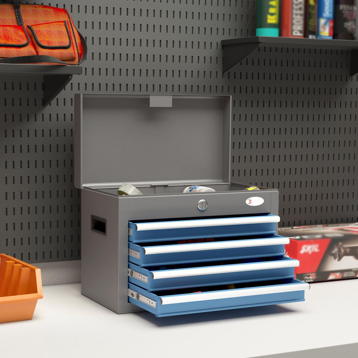 HOMCOM Boite à outils métallique caisse à outils - 4 tiroirs + plateau verrouillables - tapis EVA poignées tôle acier gris bleu