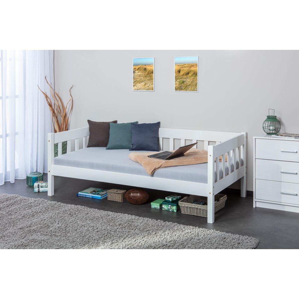 Lit Banquette en bois massif teinté blanc 90x200cm GUSTAVE