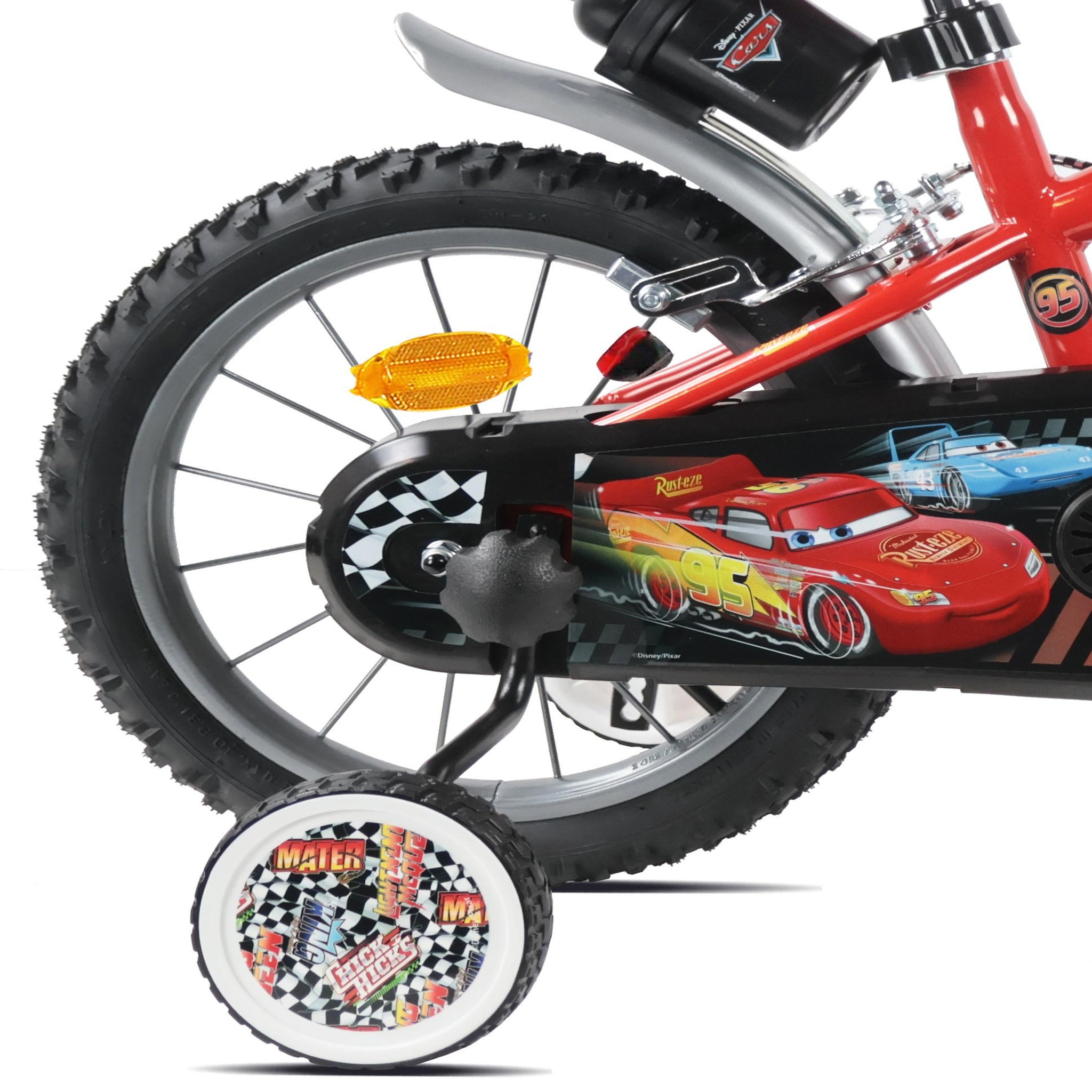 Voir la diapositive 5 : Disney Cars Vélo enfant 14'' CARS / DISNEY pour enfant de 90 à 110 cm avec 2 freins, plaque avant décorative, bidon arrière et stabilisateurs